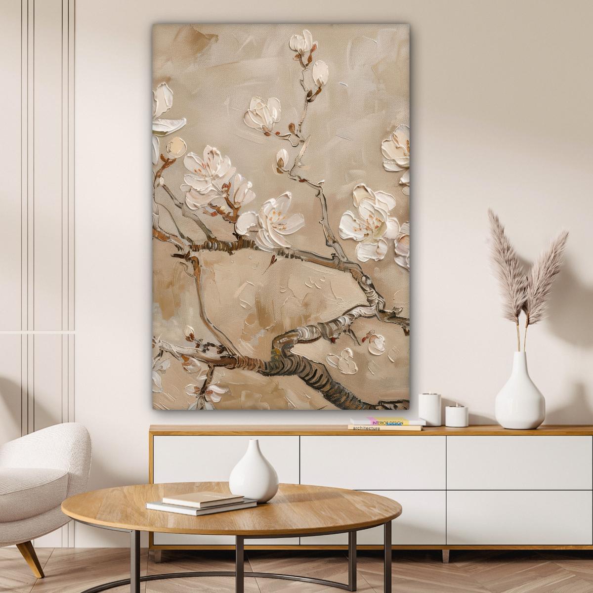 LEINWANDBILD Blumen - Modern - Beige - Weiß - Blüte Deko XXL 80x120 cm - Beige, Textil (80/120cm) - MuchoWow