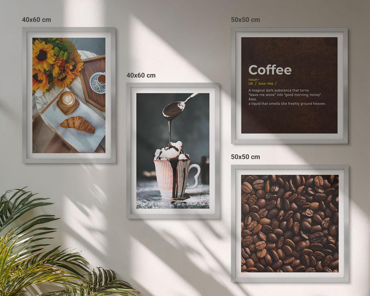 BILDER SET 4er Set - 50x50 cm & 40x60 cm Silberner Rahmen - Italienische Frühstückskaffeebohnen - Silberfarben, Kunststoff (50/50cm) - TULUP