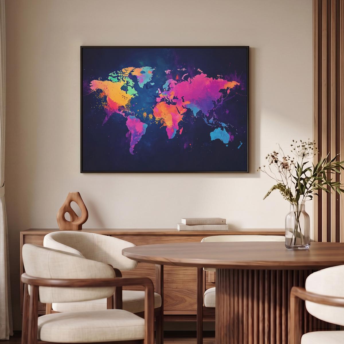 LEINWAND Bilder mit Rahmen - Weltkarte - Bunt - Graffiti - 100x70 - Multicolor, Textil (100/70cm) - MuchoWow
