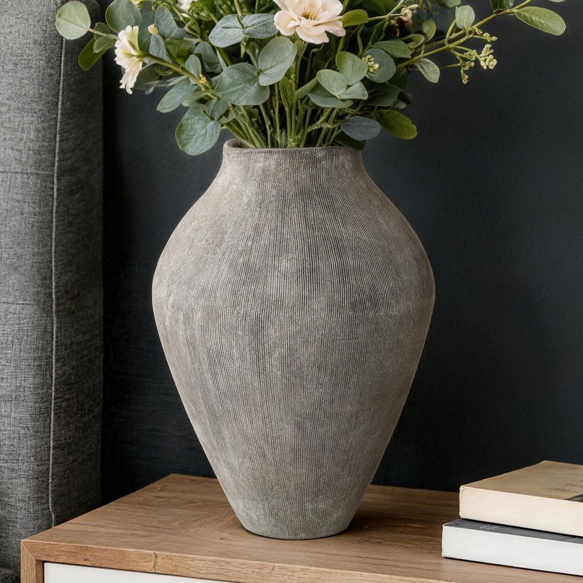 KERAMIKVASE rund, in Erdtönen, H 34 cm - Grau, Keramik (33.9cm) - Hometopia