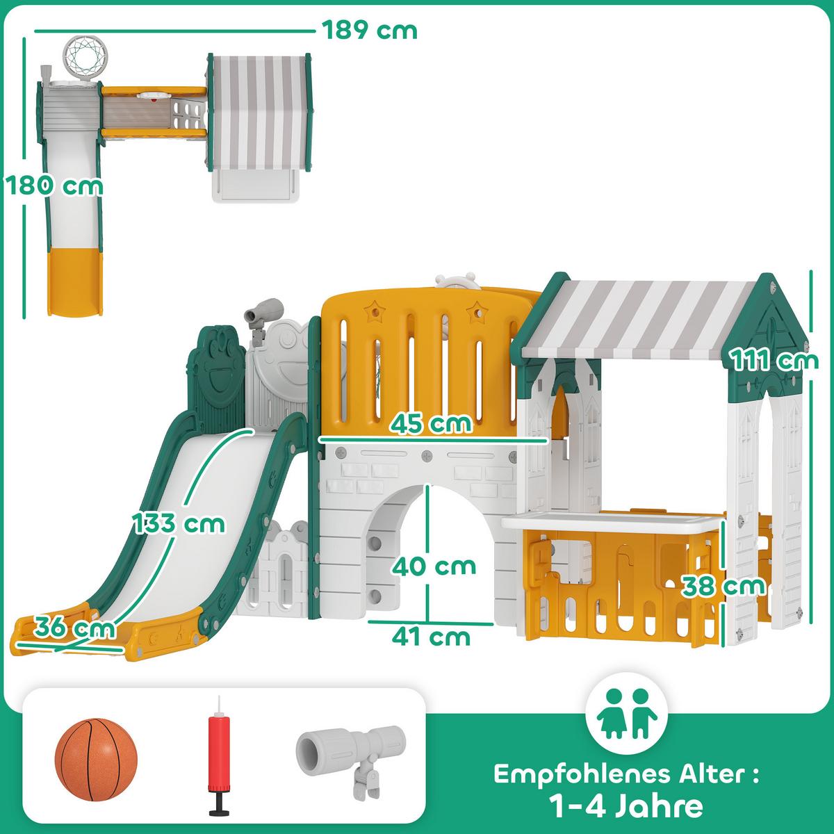 KINDERRUTSCHE 7 in 1 mit Klettergerüst, Basketballkorb, Tunnel, Teleskop - Multicolor, Kunststoff (180/111/189cm) - AIYAPLAY