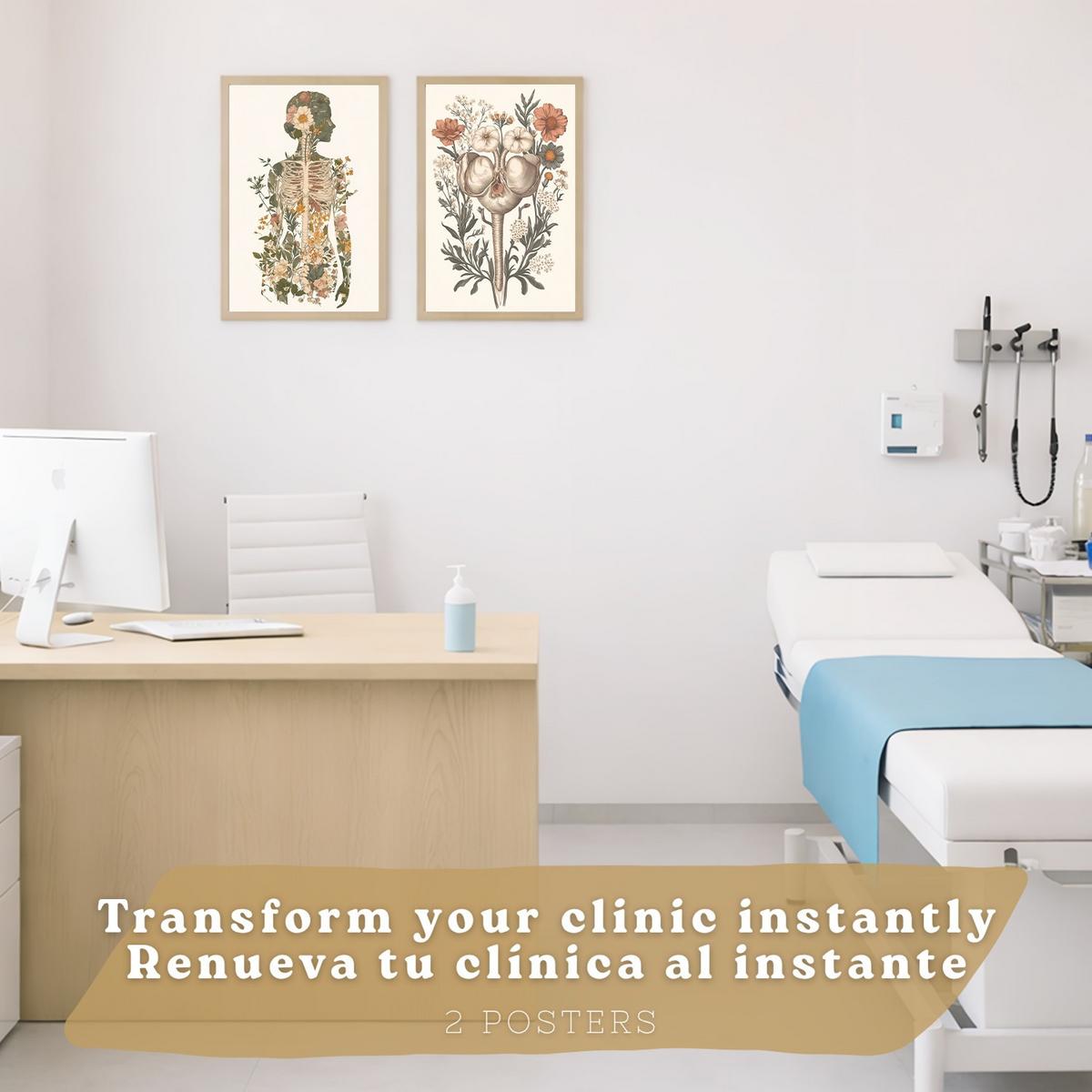 POSTER Set aus 2 Anatomie Mensch Drucke und mit Weiblicher Silhouette und Fortpflanzungssystem Botanischer Stil Größe Leichter Holzrahmen A4 - Beige, Papier (21/29.7/3cm) - Nacnic