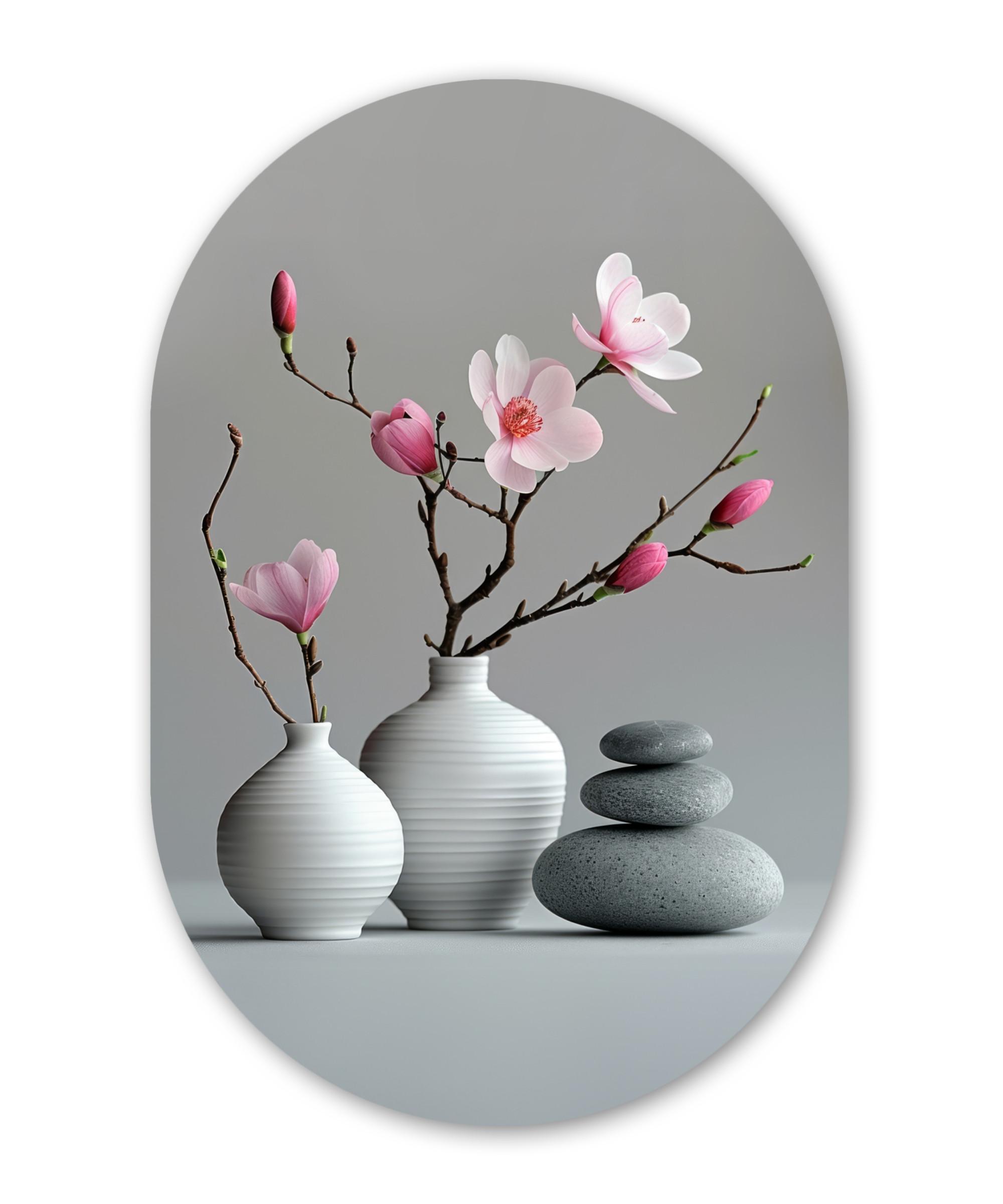 WANDBILD Magnolie - Blumen - Rosa - Zen-Steine Deko Wohnzimmer 40x60 cm - Hellgrau, Kunststoff (40/60cm) - MuchoWow