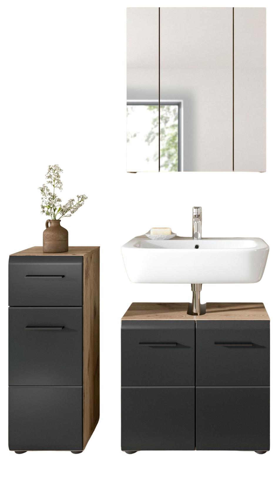 BADMÖBEL-SET 3-teilig in schwarz matt, Eiche Nox, Badkombination mit viel Stauraum, 105 x 185 cm - Eichefarben/Schwarz, Glas/Holzwerkstoff (105/185/30cm) - Inn.Furn