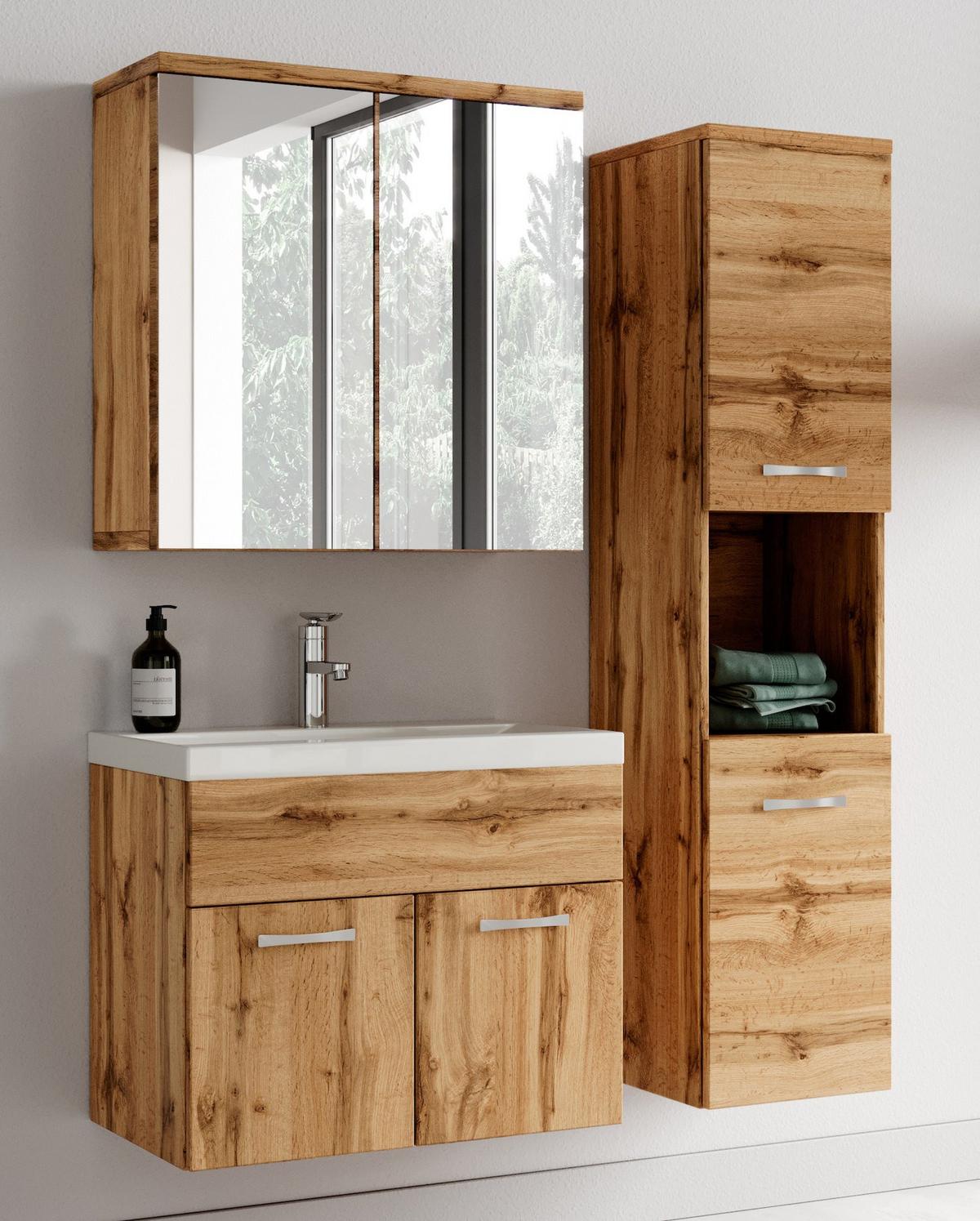 BADMÖBEL-SET Montreal 4 Teile Spiegelschrank Eiche - 60 x 35 x 51 cm - Chromfarben/Eiche Wotan, Holz/Metall (60/51/35cm) - Badplaats