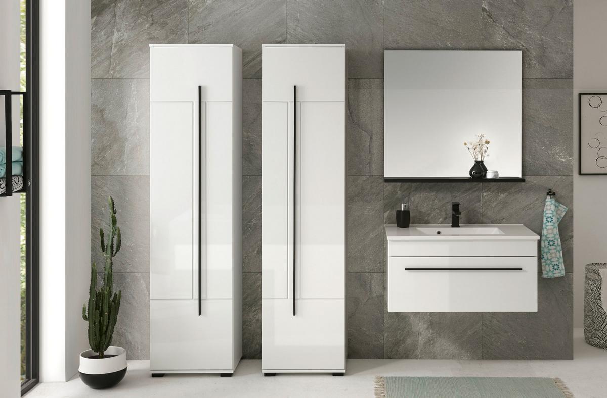 BADMÖBEL-SET weiß Hochglanz schwarz, Badkombination MIT Waschbecken, 190 x 200 cm - Weiß Hochglanz/Schwarz, Holzwerkstoff/Kunststoff (190/200/45cm) - Furn.Design