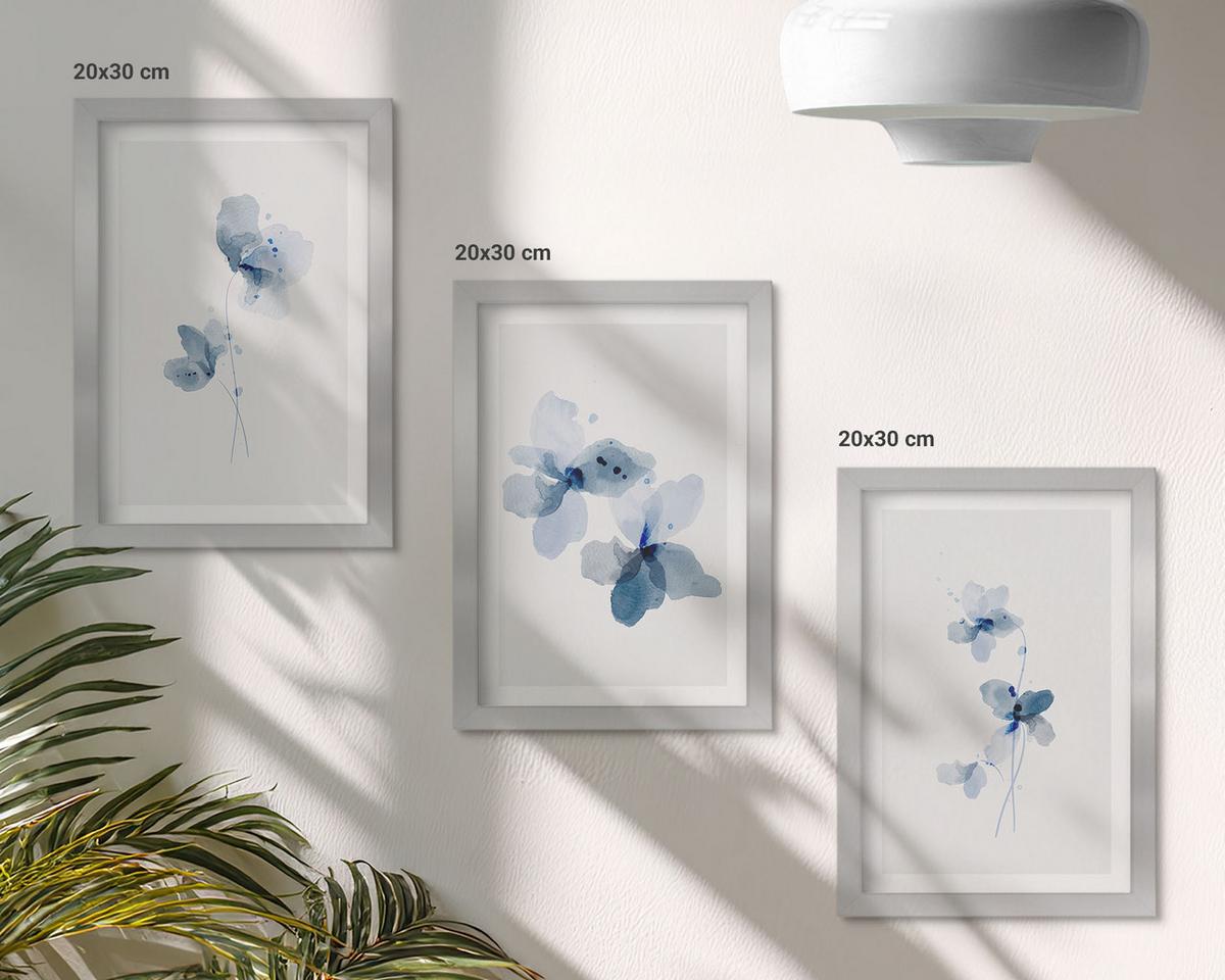 BILDER SET 3er Set - 20x30 cm Silberner Rahmen - Blaue Blumen - Silberfarben, Kunststoff (20/30cm) - TULUP