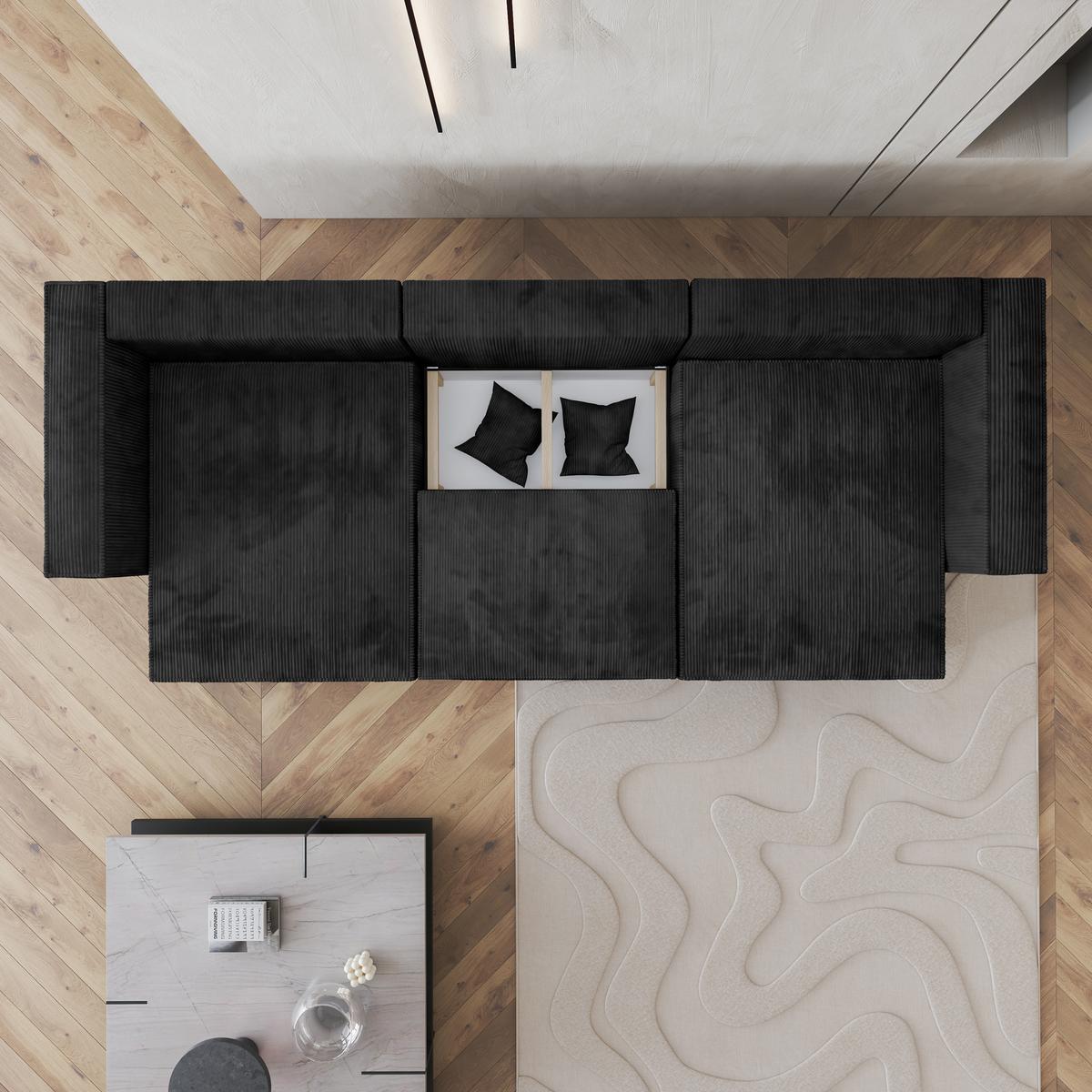 WOHNLANDSCHAFT SARMO P Schwarz Kordstoff mit Schlaffunktion - Schwarz/Grau, Holz/Kunststoff (347/70/148cm) - MASSENO