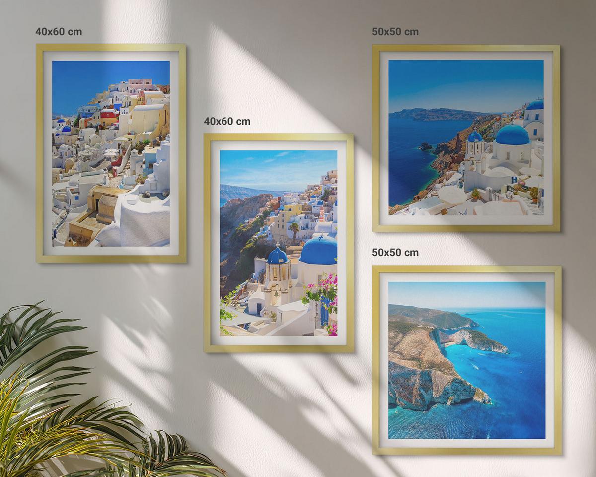 BILDER SET 4er Set - 50x50 cm & 40x60 cm Goldrahmen - Architekturlandschaft Oia Santorin Griechenland - Goldfarben, Kunststoff (50/50cm) - TULUP