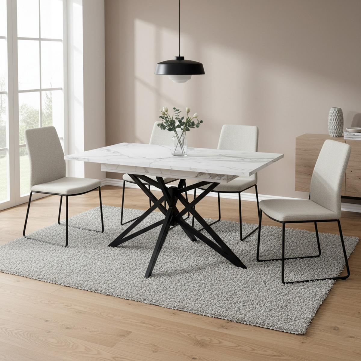 ESSTISCH AUSZIEHBARER Weiß Marmoroptik mit Ausziehfunktion & Sternfuß - Hellbraun, Holzwerkstoff/Metall (80/120/66cm) - Urban Meuble
