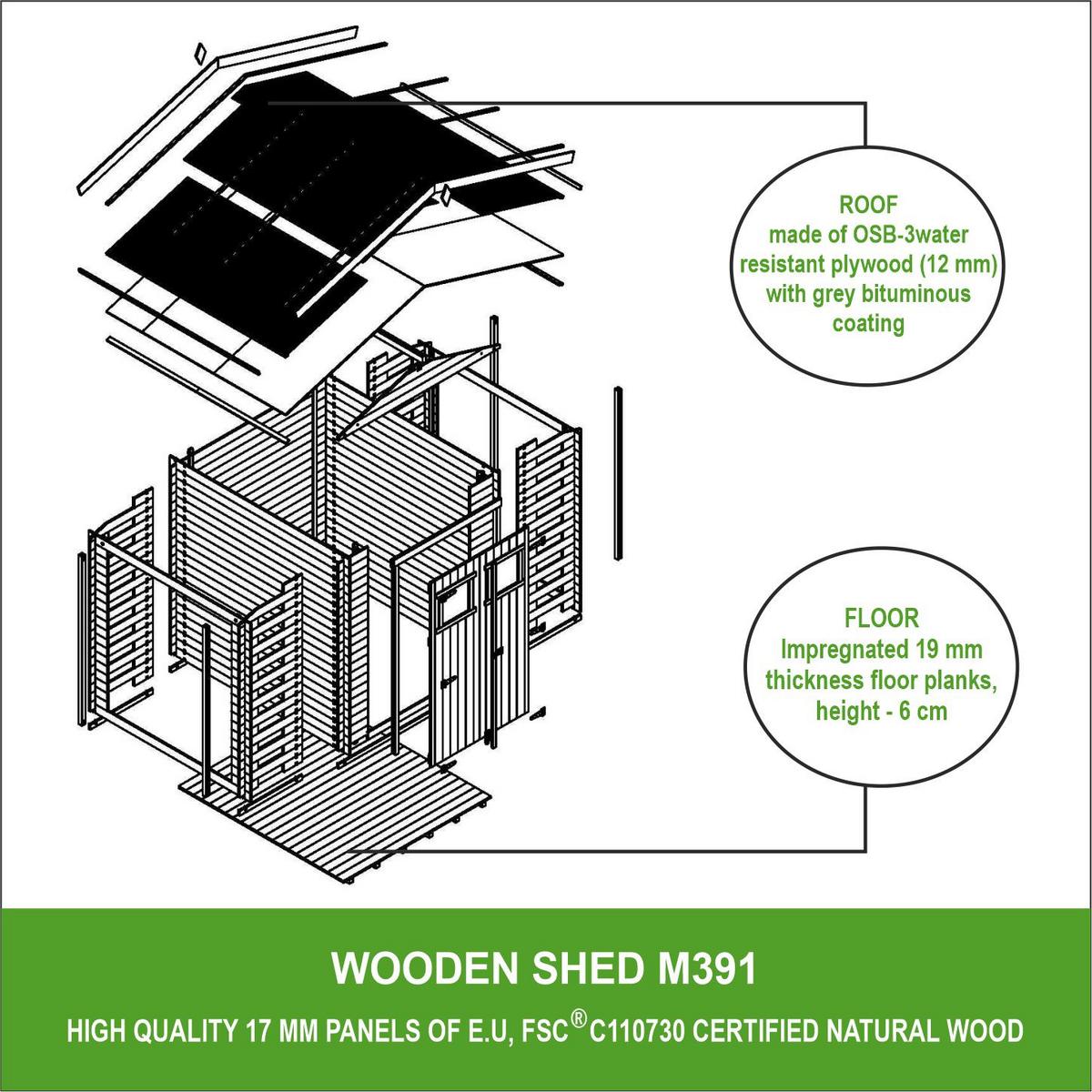 HOLZHAUS GARTENHAUS mit Brennholzschuppen M391+M391G - mit imprägniertem Boden- 3,53 + 0,97 + 0,97 m2 - Beige, Holz (328/218/206cm) - Timbela