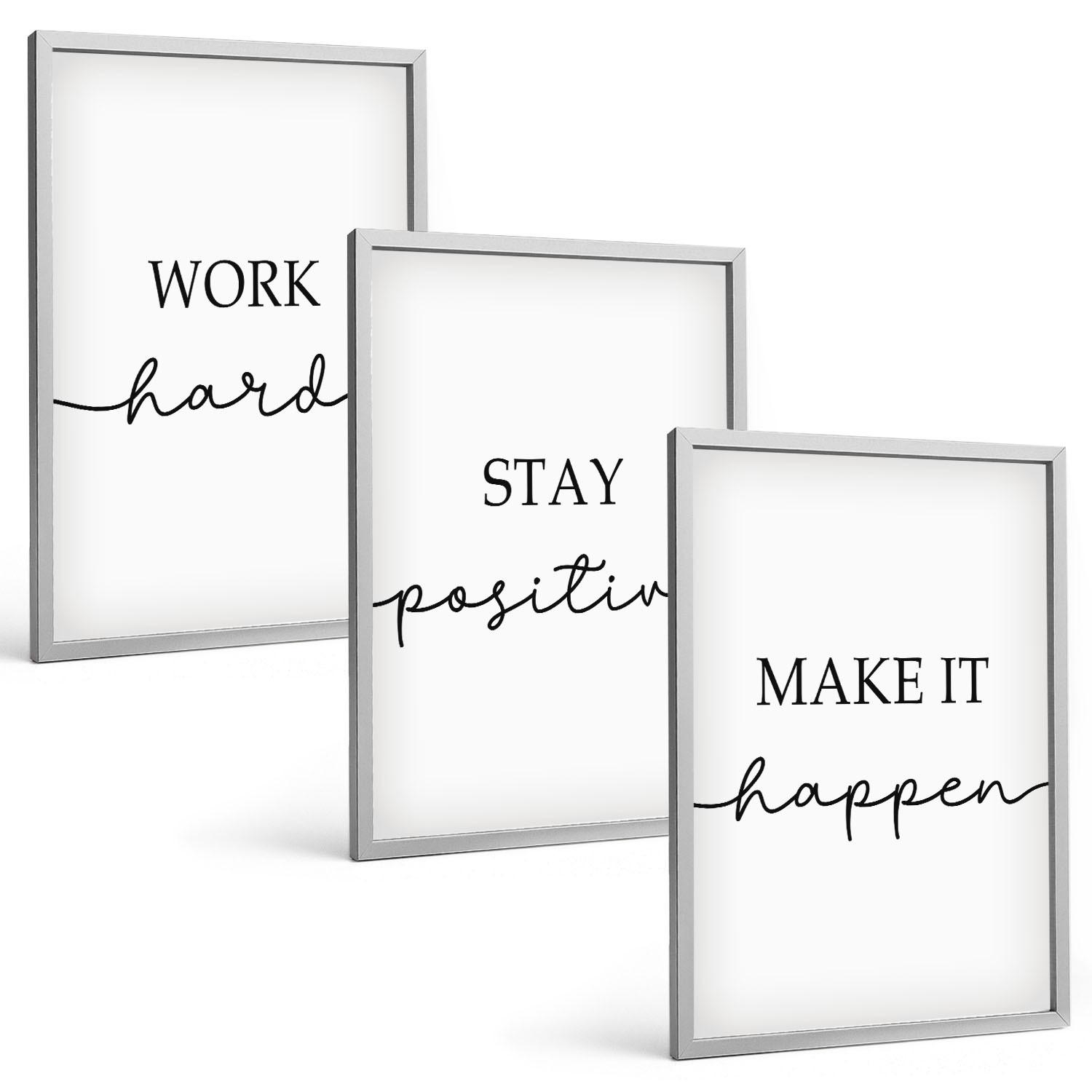 BILDER SET 3er Set - 40x60 cm Silberner Rahmen - Minimalistische Motivationsinschriften - Silberfarben, Kunststoff (40/60cm) - TULUP