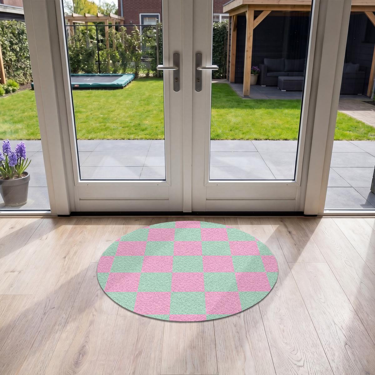 FUSSMATTE Schachbrettmuster - Grün - Rosa - Würfel Fußabtreter 90x90 cm - Mintgrün, Kunststoff (90/0.4cm) - MuchoWow