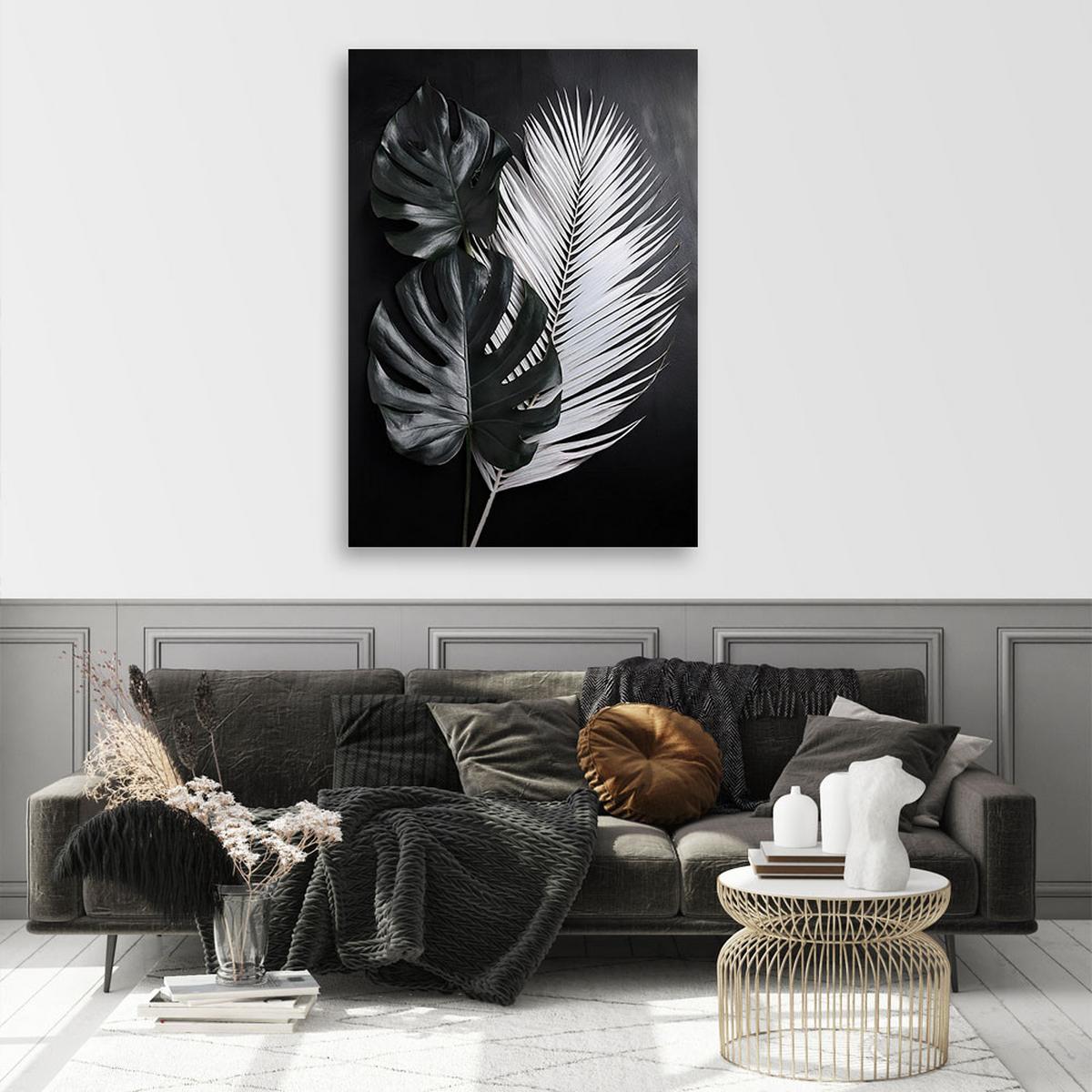 WANDBILD schwarz weiße monstera blätter - Schwarz, Textil (70/100cm) - Feeby