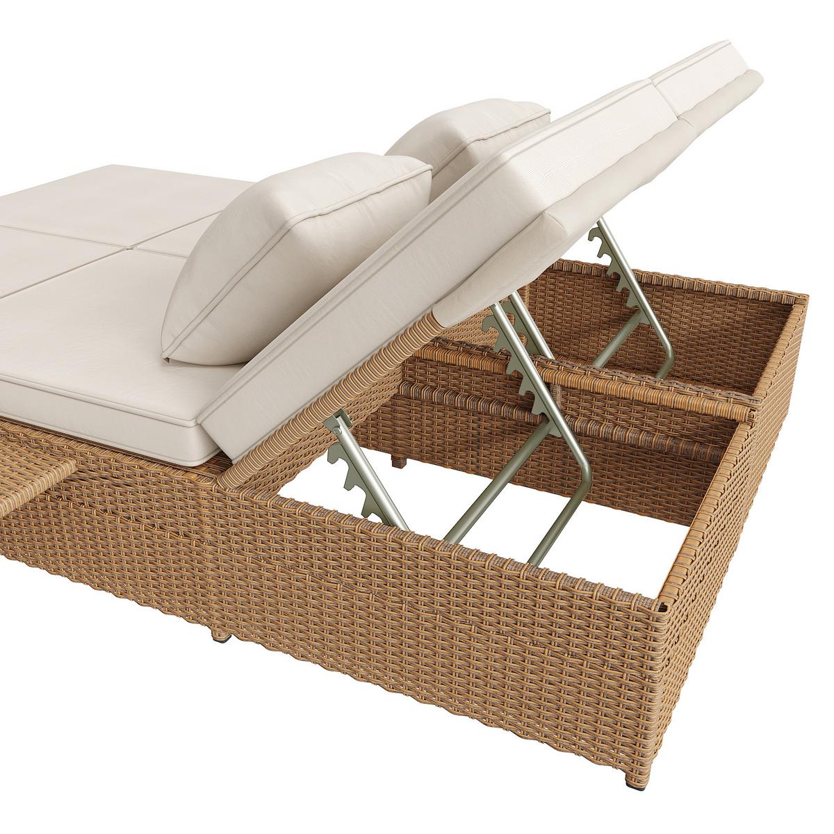 DOPPEL-SONNENLIEGE 199 cm Polyrattan Natur Gartenliege für 2 Personen mit verstellbarer Rückenlehne & Polster - Weiß, Metall (199/37/120cm) - Urban Meuble
