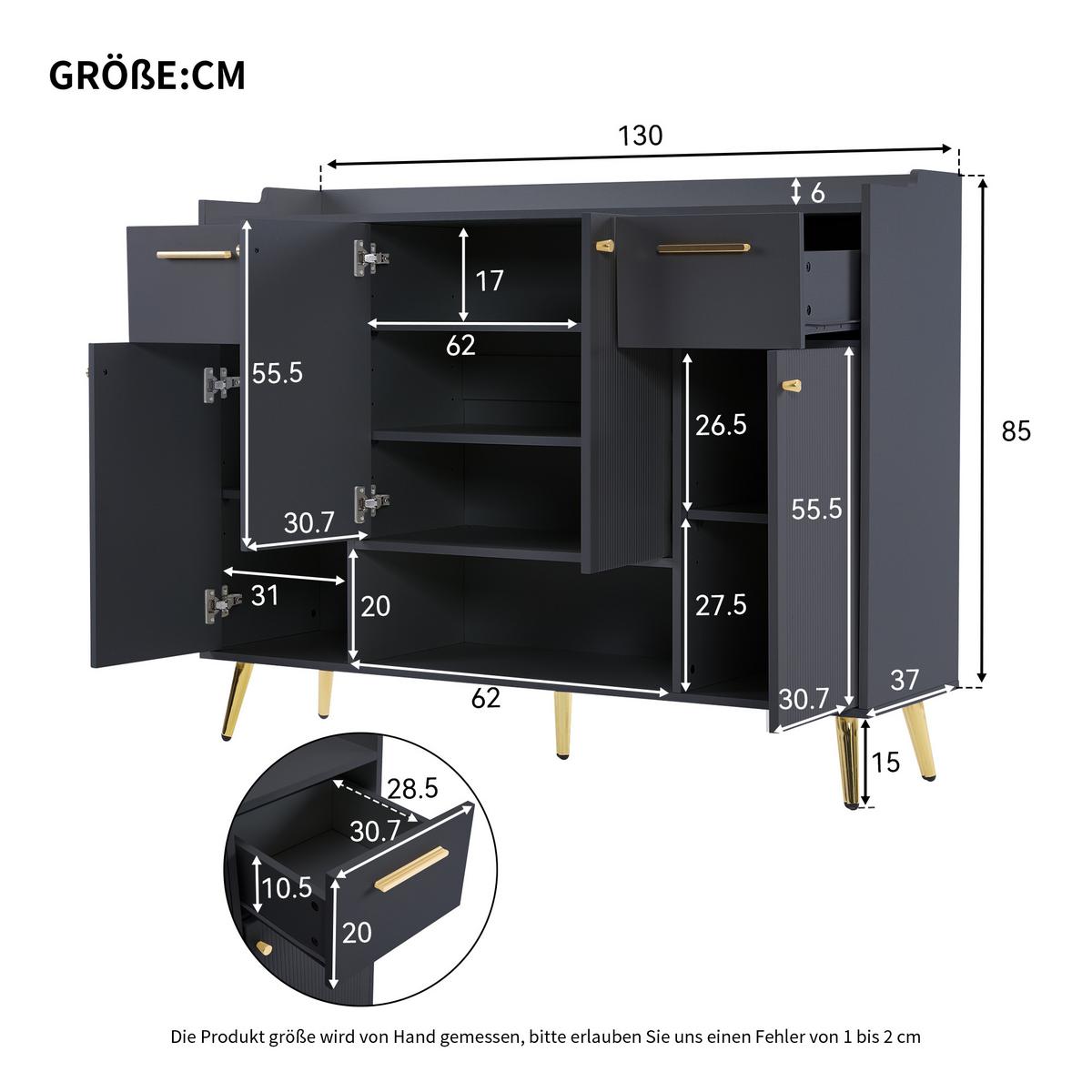 SIDEBOARD 2 Schubladen, 4 Türen, Metallfüße Modernes Design, Viel Stauraum, Schwarz - Schwarz, Holzwerkstoff (130/100/37cm) - Urban Meuble