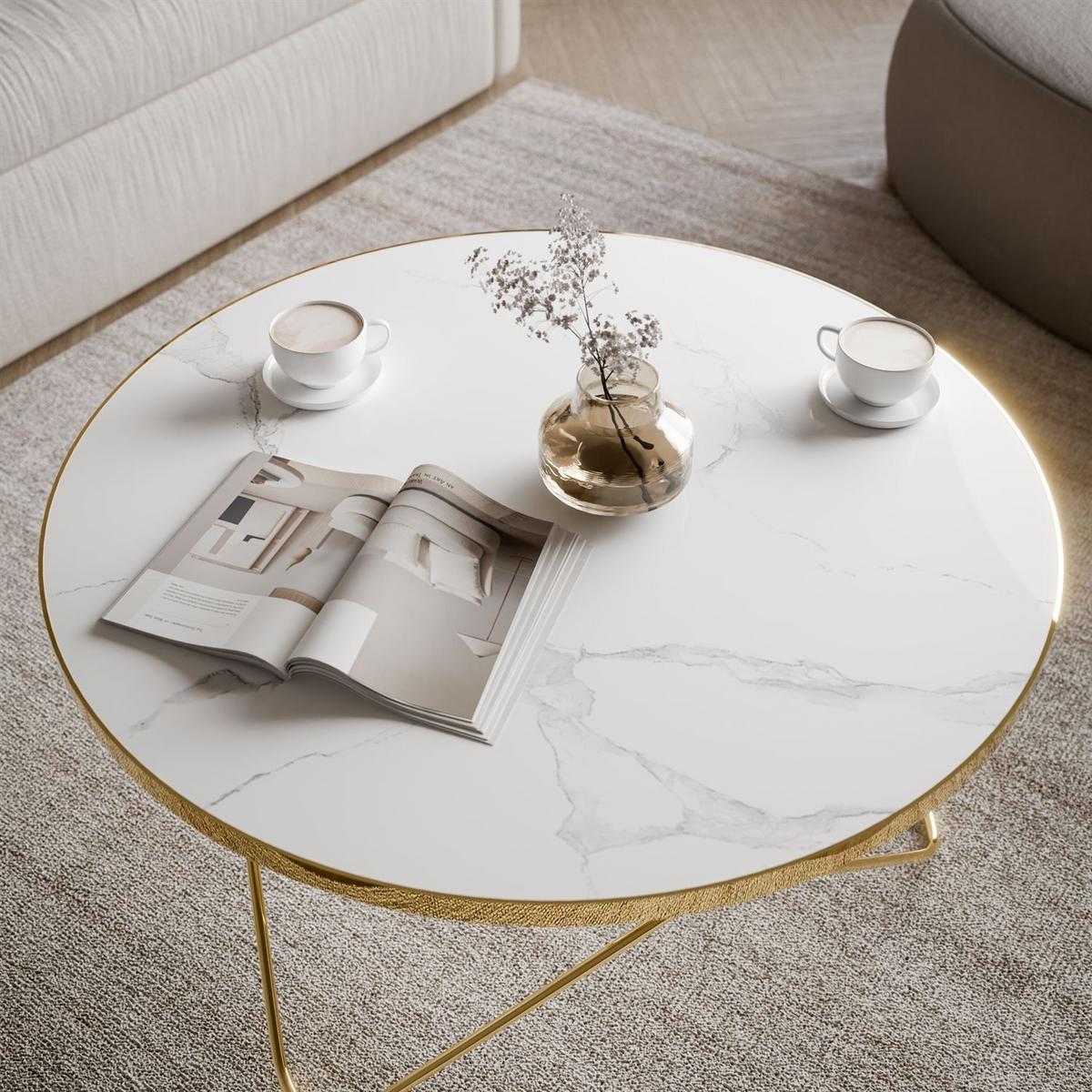 COUCHTISCH NORIEL mit goldenem Gestell und Marmorplatte - Weiß, Holzwerkstoff (80/80/39cm) - Lookway