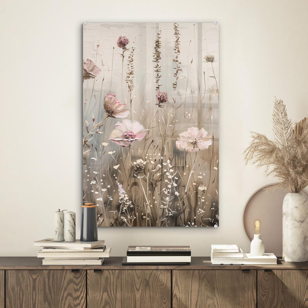 ACRYLGLASBILD Blumen - Rosa - Modern - Beige Wanddeko Wohnzimmer 40x60 cm - Beige, Glas (40/60cm) - MuchoWow