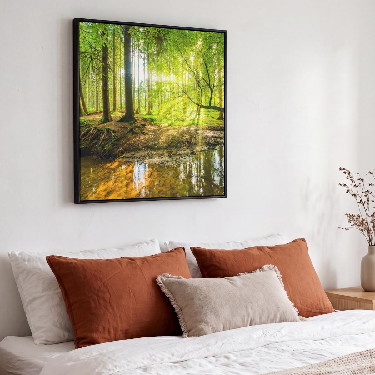 LEINWAND Bilder mit Rahmen - Wald - Landschaft - Wasser - Bäume - Sonne - Grün - Natur - 50x50 - Grün, Textil (50/50cm) - MuchoWow