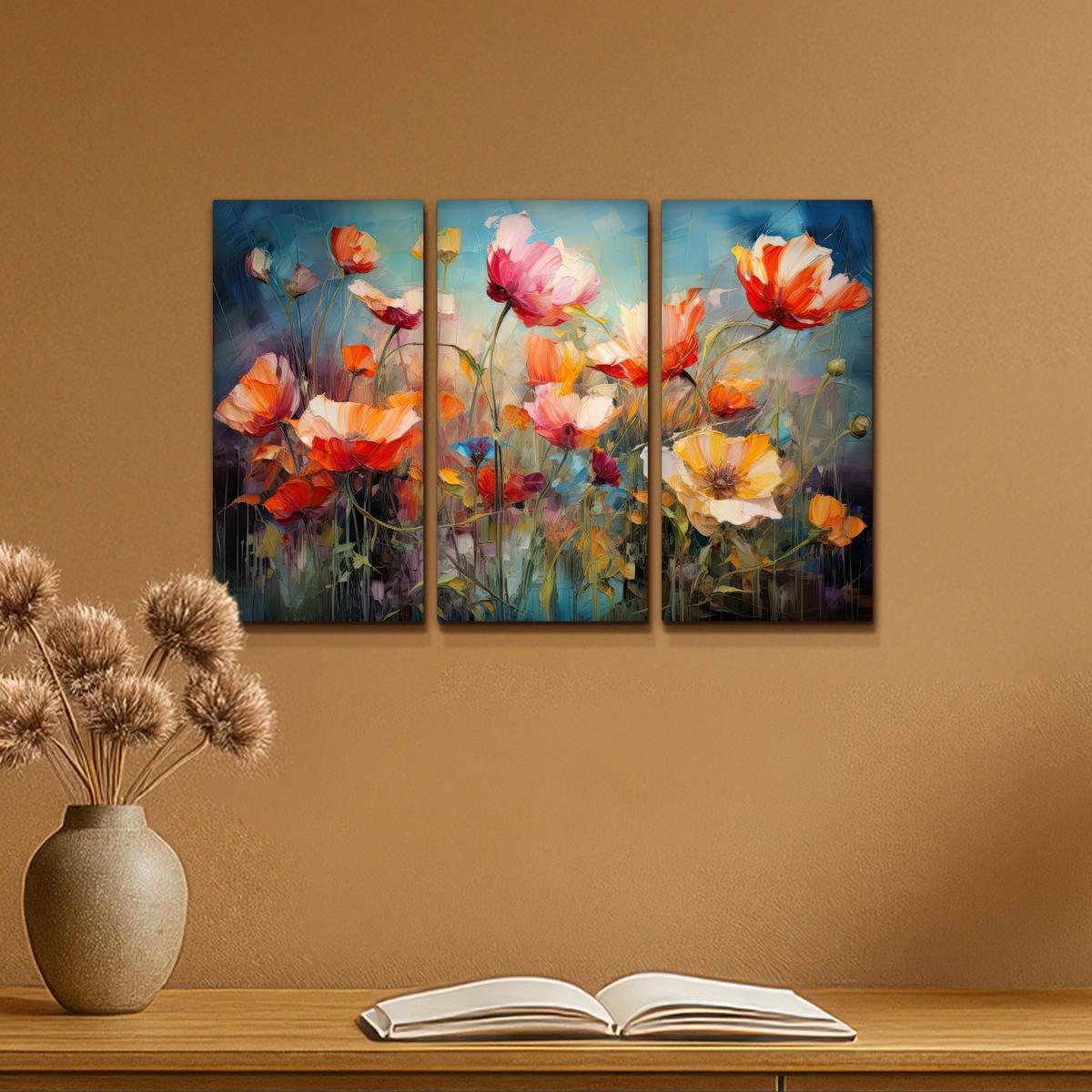 LEINWANDBILD 3er Set Blumen - Bunt - Abstrakt 60x40 cm - Blaugrau, Textil (60/40cm) - MuchoWow