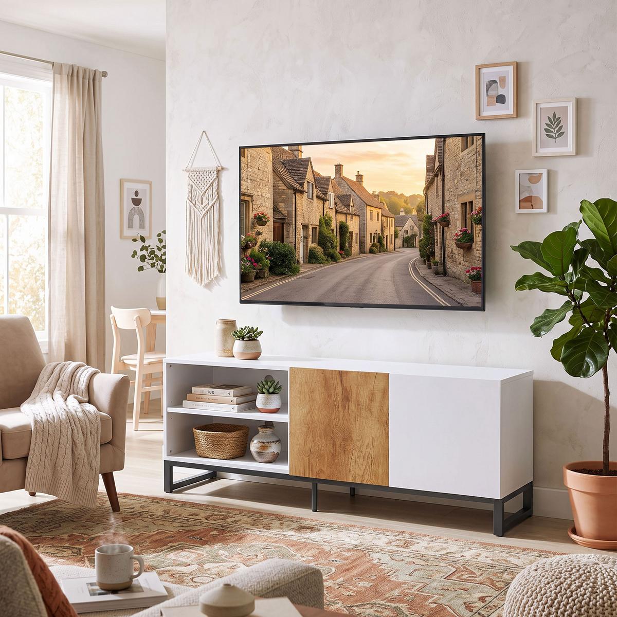 TV-SCHRANK Spanplatte Stahl Weiß - Eichefarben/Weiß, Holzwerkstoff/Metall (140/50/36.5cm) - HOMCOM