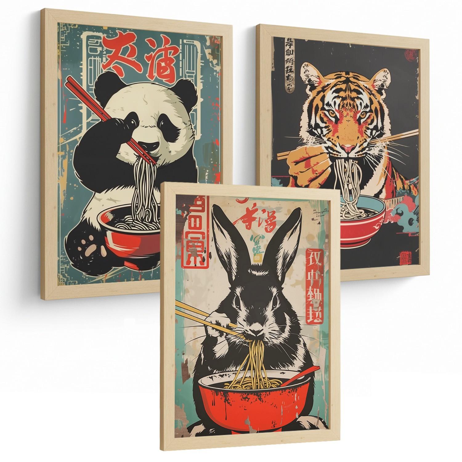 POSTER 3er Set Japanische Ramen Tier-Wandbilder Panda Tiger und Hase Nudeln Vintage Küche Wanddeko Leichter Holzrahmen A3 - Beige, Papier (29.7/1/42cm) - Nacnic