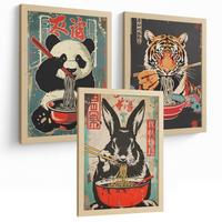 POSTER 3er Set Japanische Ramen Tier-Wandbilder Panda Tiger und Hase Nudeln Vintage Küche Wanddeko Leichter Holzrahmen A3 - Beige, Papier (29.7/1/42cm) - Nacnic