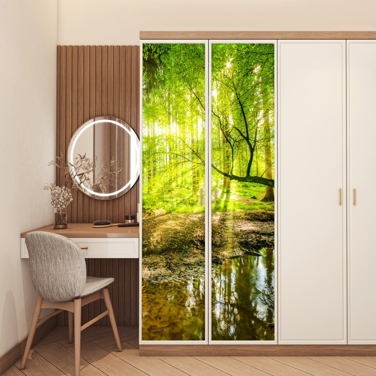 TÜRAUFKLEBER Wald - Landschaft - Wasser - Bäume - Sonne - Grün - Natur Room Decor 85x205 cm - Türtapete - Hellgrün, Kunststoff (85/0.1cm) - MuchoWow