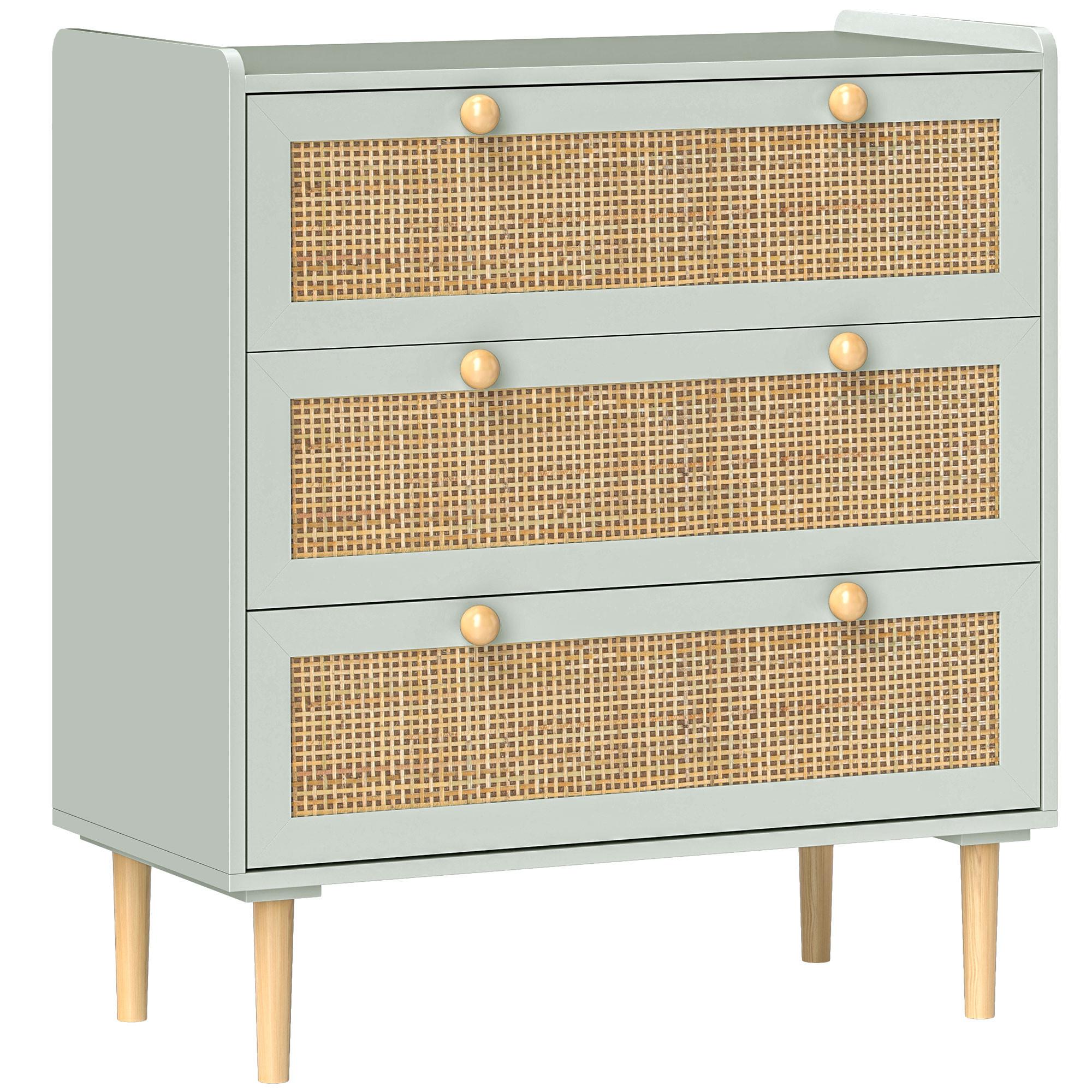 SCHLAFZIMMER-KOMMODE mit 3 Schubladen, Rattan-Fronten, MDF, Grün - Hellblau, Holzwerkstoff (40/87.5/80cm) - HOMCOM