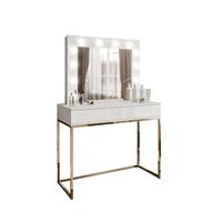 SCHMINKTISCH BLANCO mit Spiegel und Beleuchtung Gold Chrom Weiß Hochglanz PUSH OPEN - Weiß Hochglanz/Goldfarben, Holzwerkstoff (100/146/42cm) - Lookway