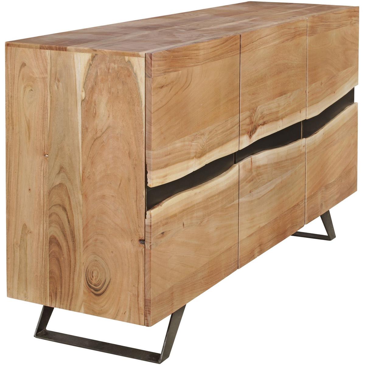 SIDEBOARD – Akazie Massivholz, 148x85x43 cm, mit Baumkante, 3 Türen, Landhausstil - Schwarz/Akaziefarben, Holz/Metall (148/85/43cm) - KADIMA DESIGN