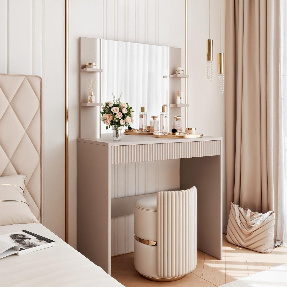 SCHMINKTISCH ELENA mit Spiegel & LED-Beleuchtung, Kaschmir - Kaschmir, Holzwerkstoff (80/136/40cm) - Idohome