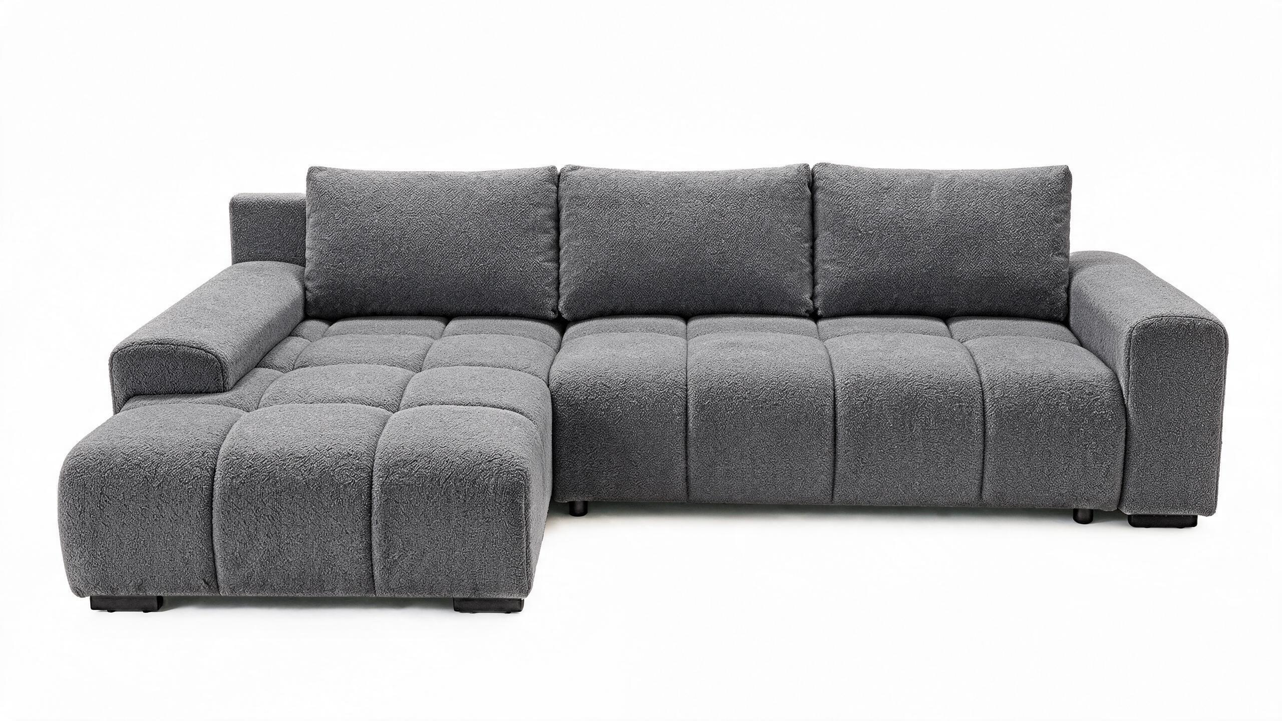 ECKSOFA Ovia mit Bettkasten und Schlaffunktion, Bouclé-Stoff in L-Form - Dunkelgrau, Textil (270/185cm)