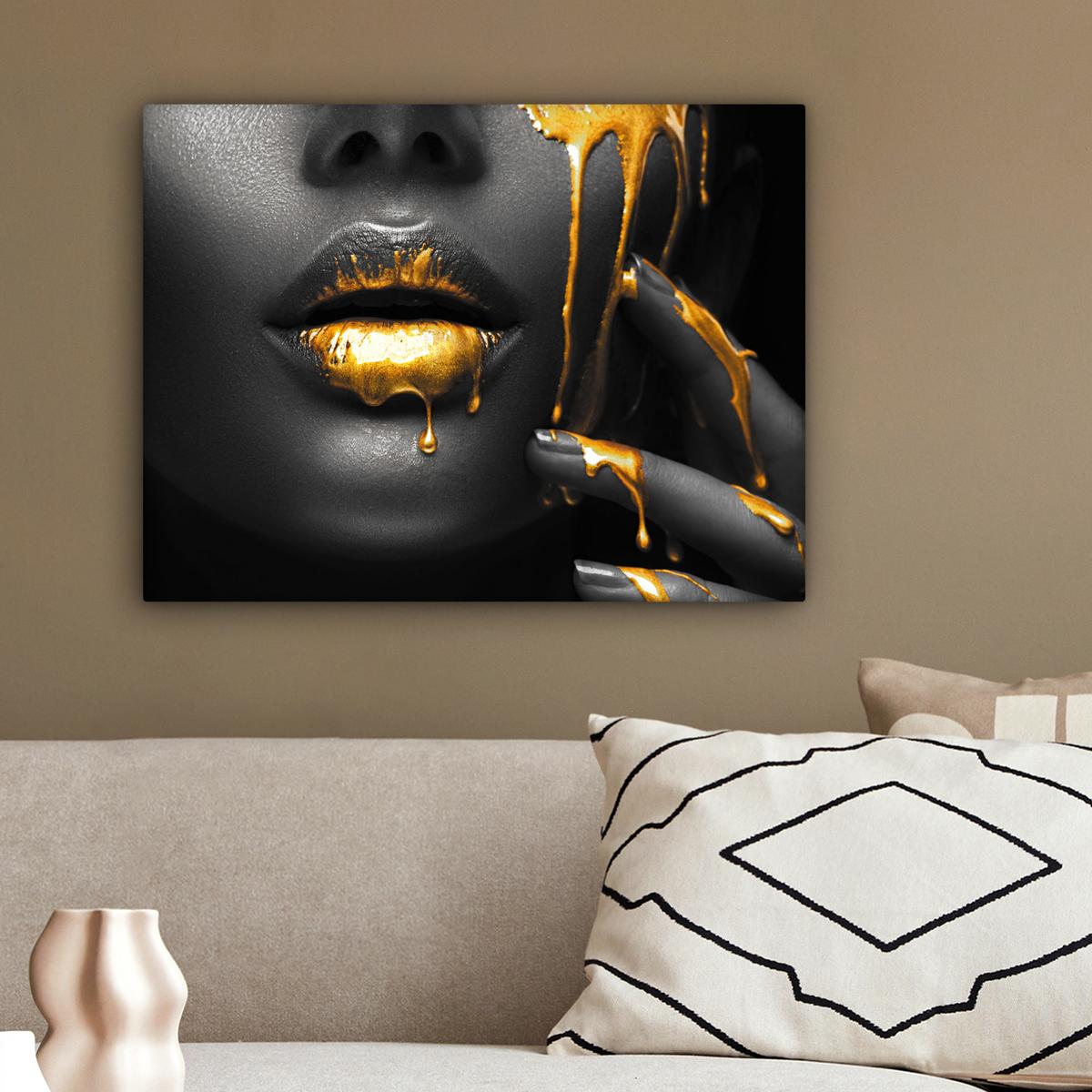 LEINWANDBILD Frau - Schwarz - Gold - Gesicht - Lippen Wandbild 40x30 cm - Goldfarben, Textil (40/30cm) - MuchoWow