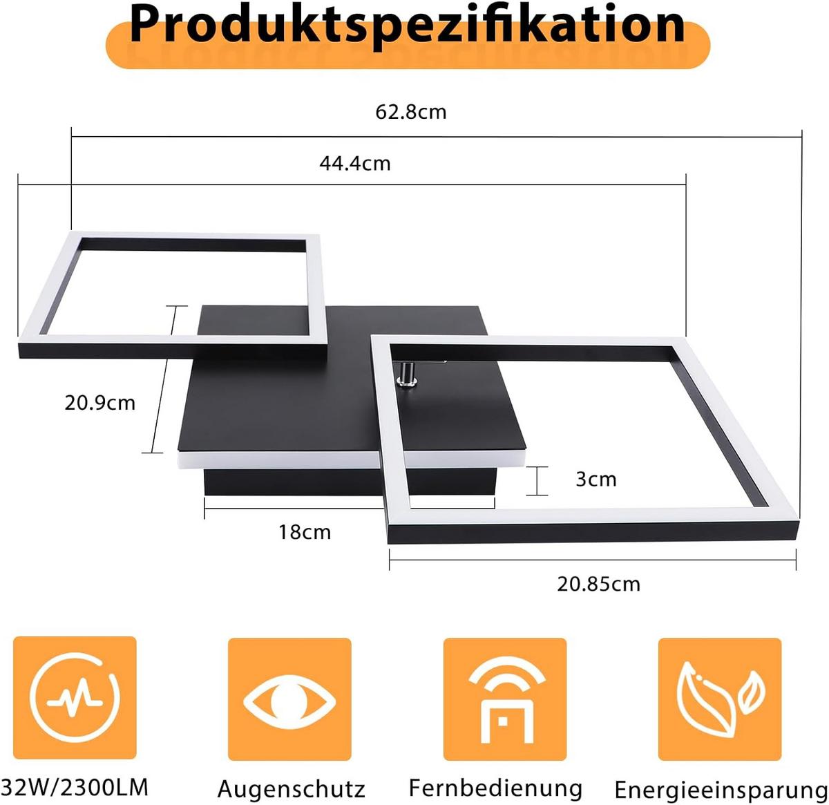 LED-DECKENLEUCHTE Schwarzzahn 29.5/7.4/62.8 cm - Schwarz, Metall (62.8/29.5/7.4cm) - ZMH