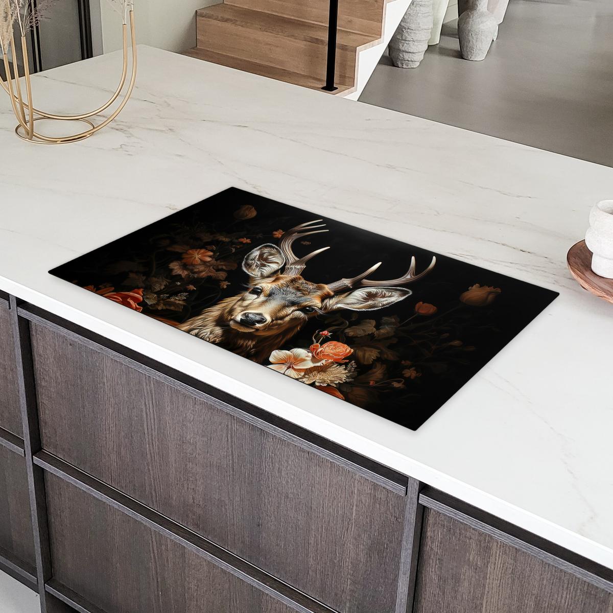 HERDABDECKPLATTE Hirsch - Tier - Blumen - Natur - Botanisch Induktionsschutz 89.6x51.6 cm - Kupferfarben, Kunststoff (89.6/51.6/0.2cm) - MuchoWow