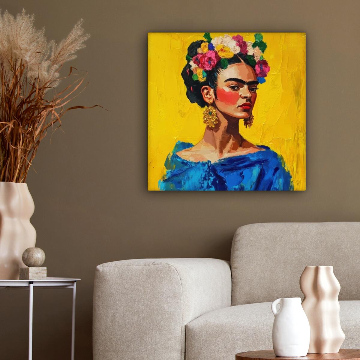 LEINWANDBILD Frida Kahlo - Frau - Gelb - Blau - Blumen Wandbild Wohnzimmer 50x50 cm - Gelb, Textil (50/50cm) - MuchoWow