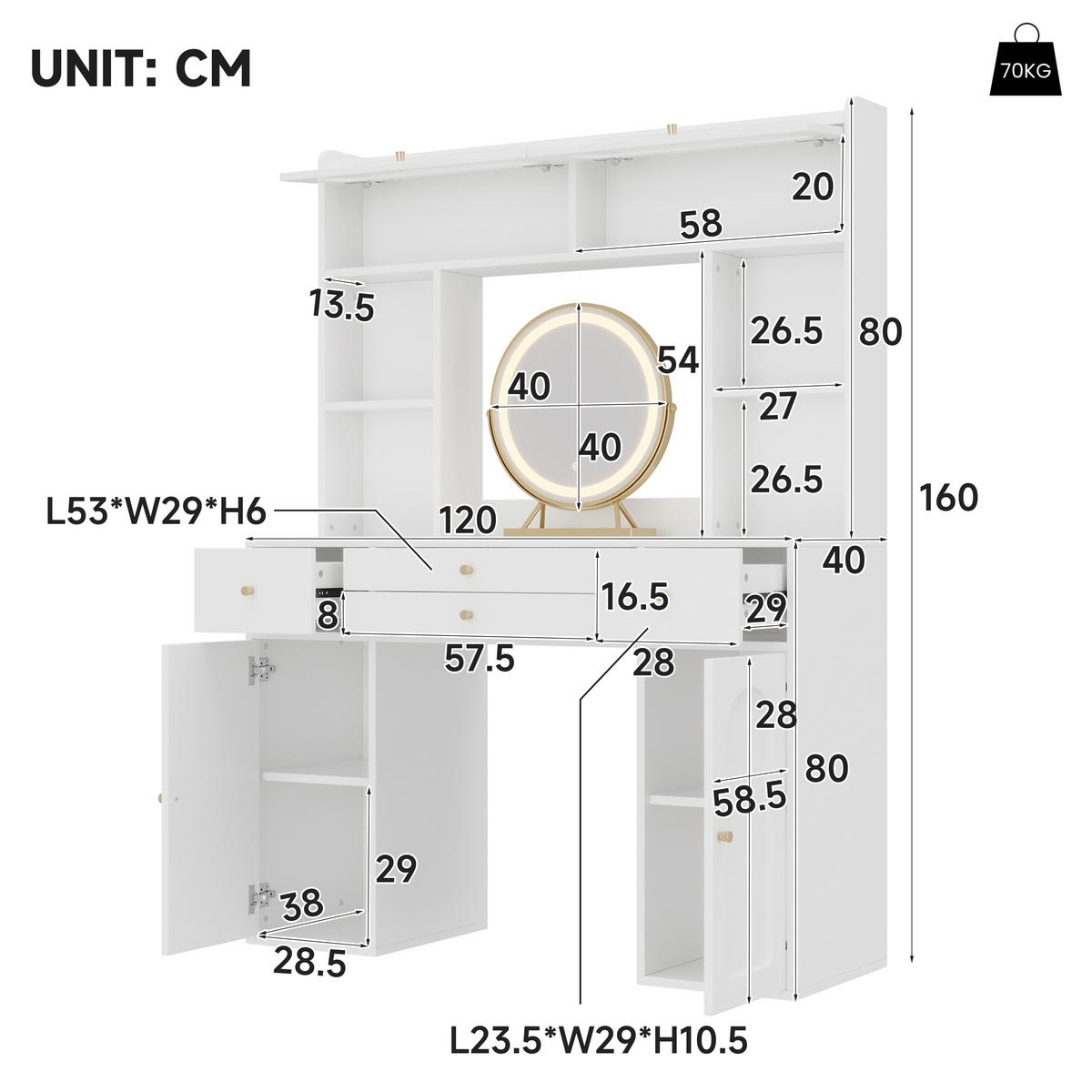 SCHMINKTISCH Weiß mit LED-Spiegel, 4 Schubladen, Schränken & App-Beleuchtung - Weiß, Holzwerkstoff (120/160/40cm) - Urban Meuble
