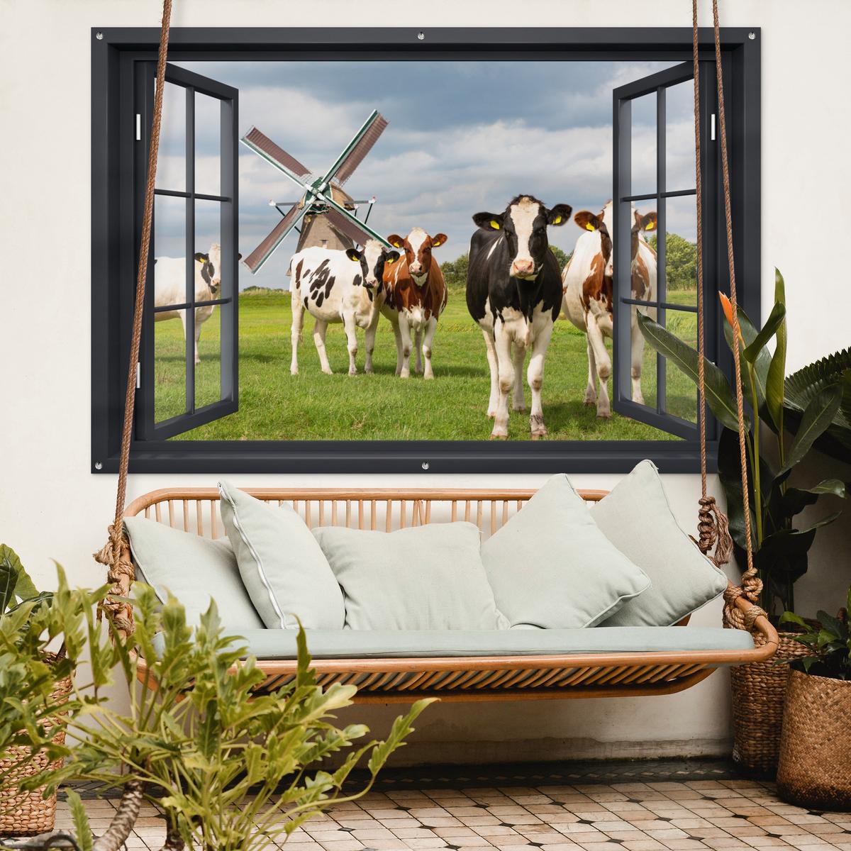 GARTENPOSTER Aussicht - Kuh - Mühle - Kühe - Wiese - Gras - Grün Poster für draußen 180x120 cm - Anthrazit, Kunststoff (180/120/0.2cm) - OnlyWow