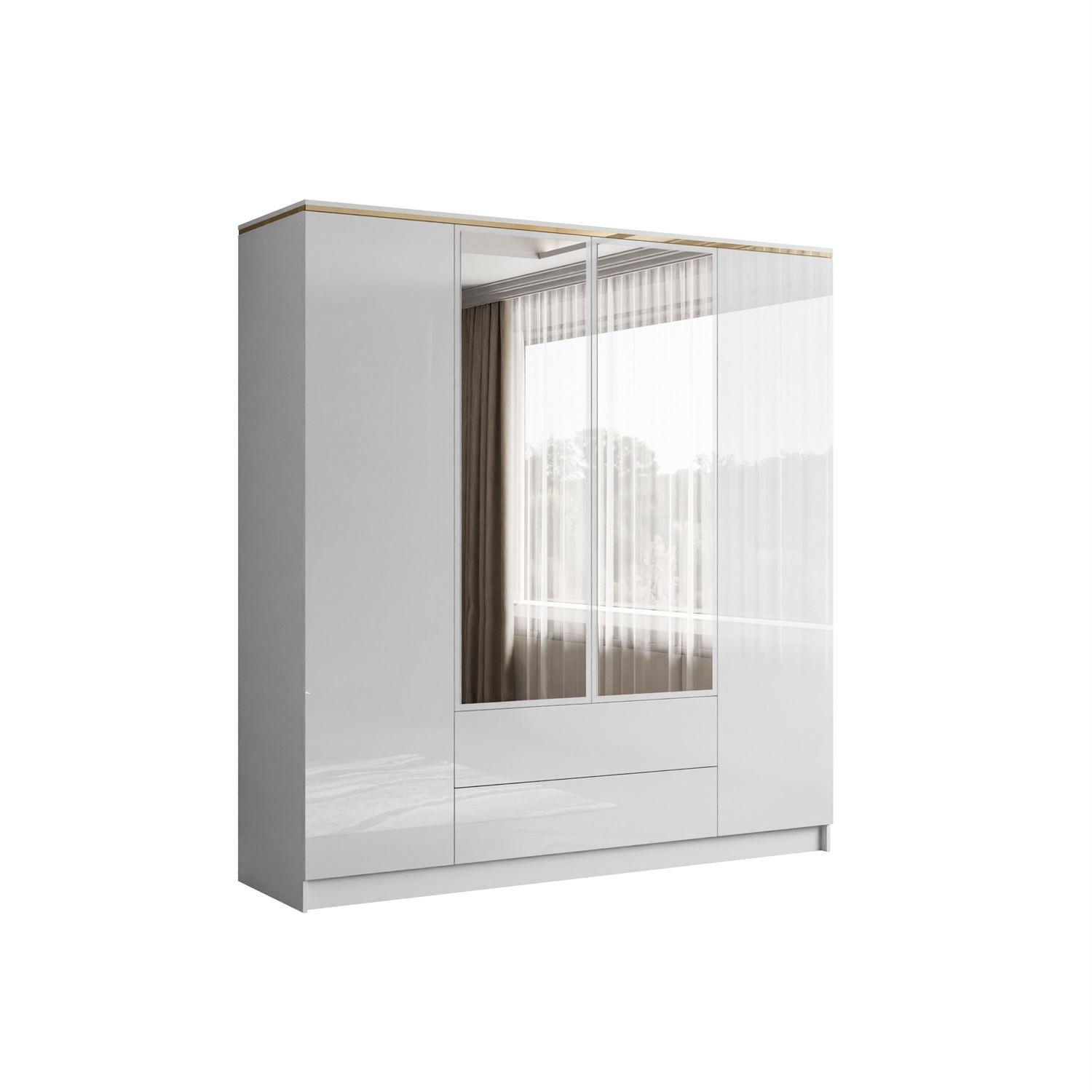 KLEIDERSCHRANK AURORA 4D2SZ mit Schubladen und Griffen - Weiß Hochglanz, Holzwerkstoff (200/213/57cm) - Lookway