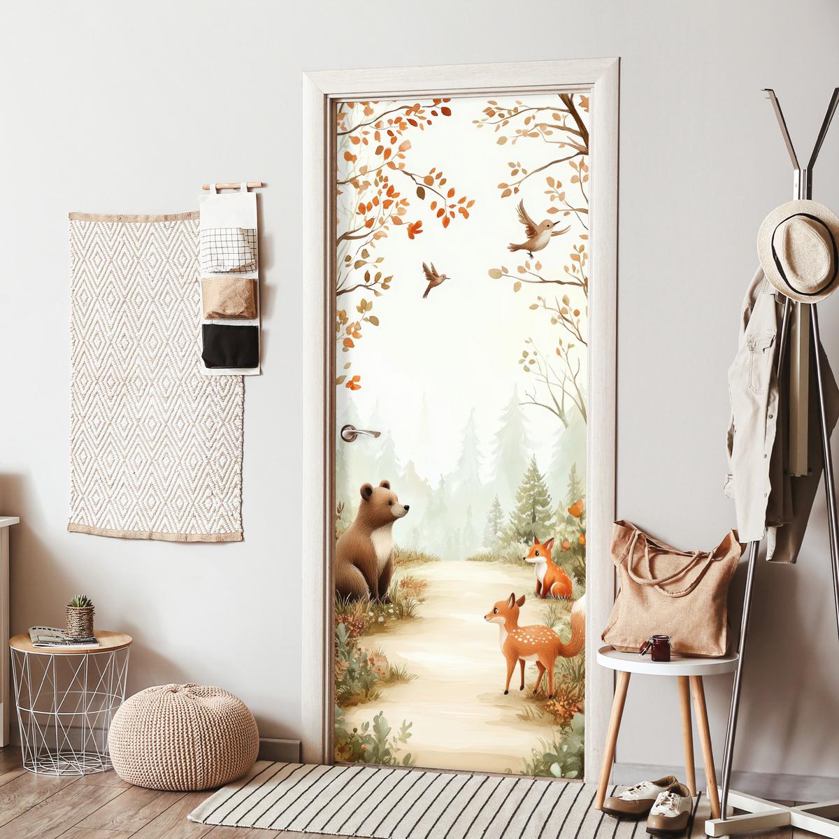 TÜRAUFKLEBER Wald - Herbst - Waldtiere - Bär - Fuchs 80x215 cm - Türtapete - Kastanienfarben, Kunststoff (80/0.1cm) - MuchoWow