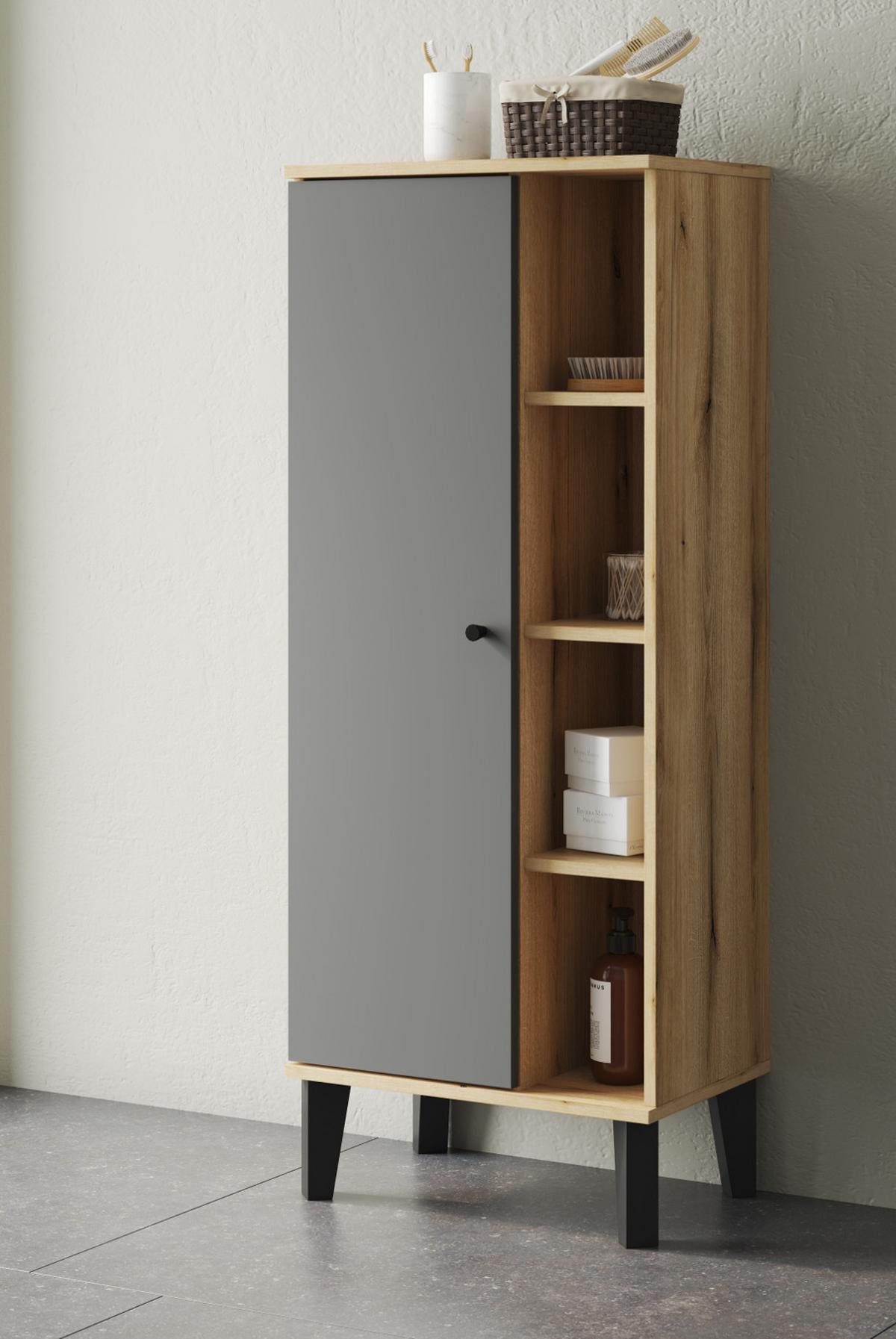 BAD-MIDISCHRANK grau, Evoke Eiche, Badmöbel Kommode, 51 x 128 cm - Eichefarben/Schwarz, Holzwerkstoff/Metall (51/128/33cm) - Furn.Design