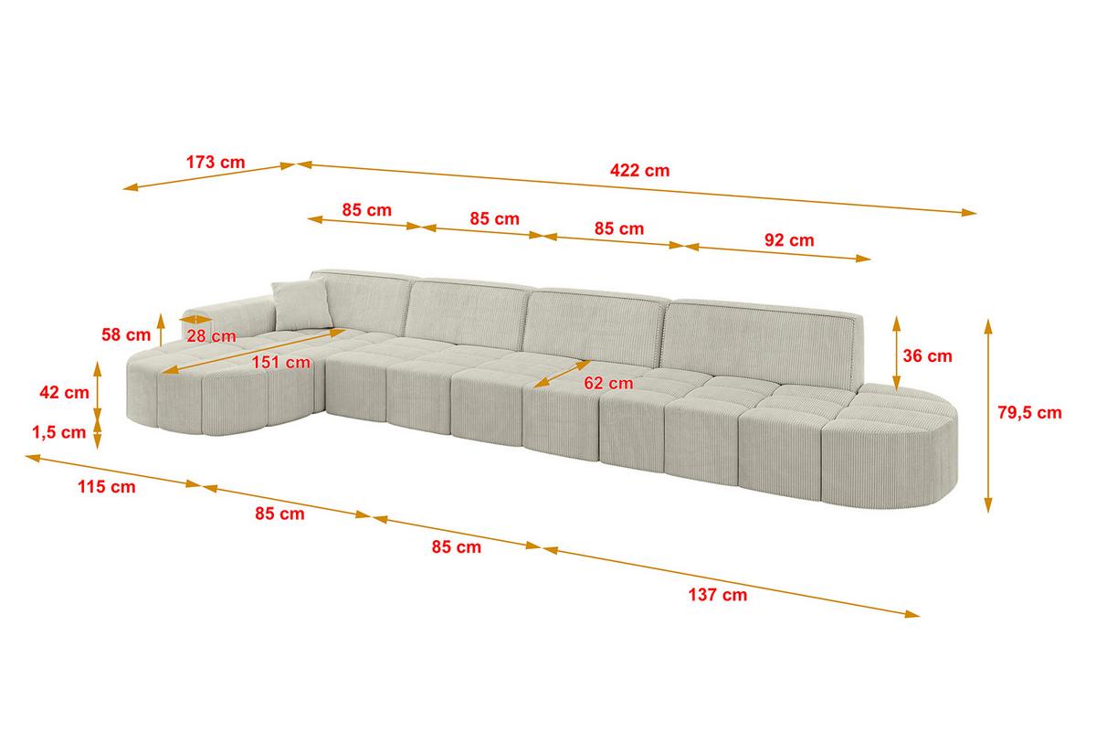 ECKSOFA Ottomane Links LIVO-L3 - 422x173x79,5 cm Creme - Hellgrau/Creme, Holzwerkstoff/Textil (422/173cm) - ALTDECOR