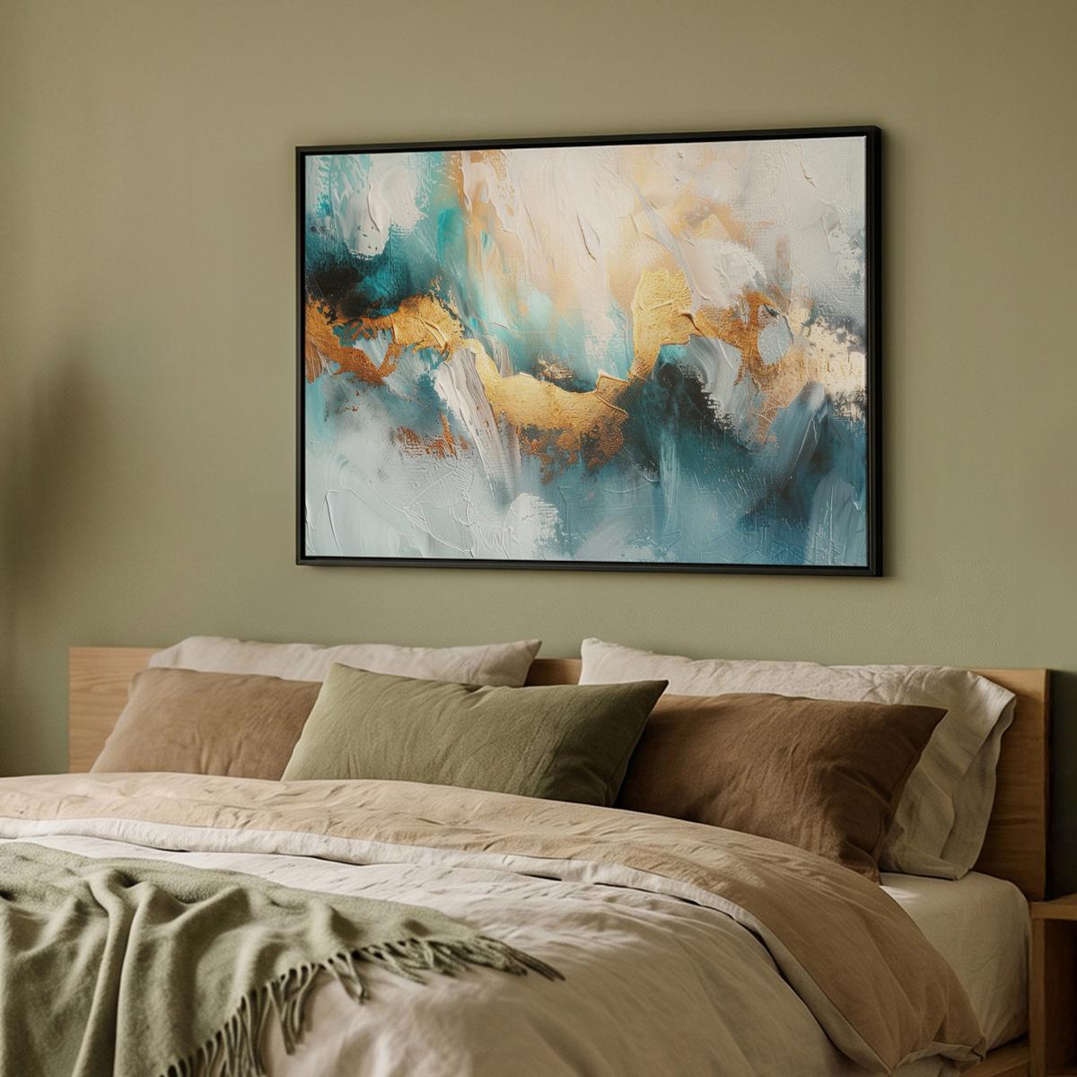 LEINWAND Bilder mit Rahmen - Abstrakt - Kunst - Gold - Blau - 100x70 - Petrol, Textil (100/70cm) - MuchoWow