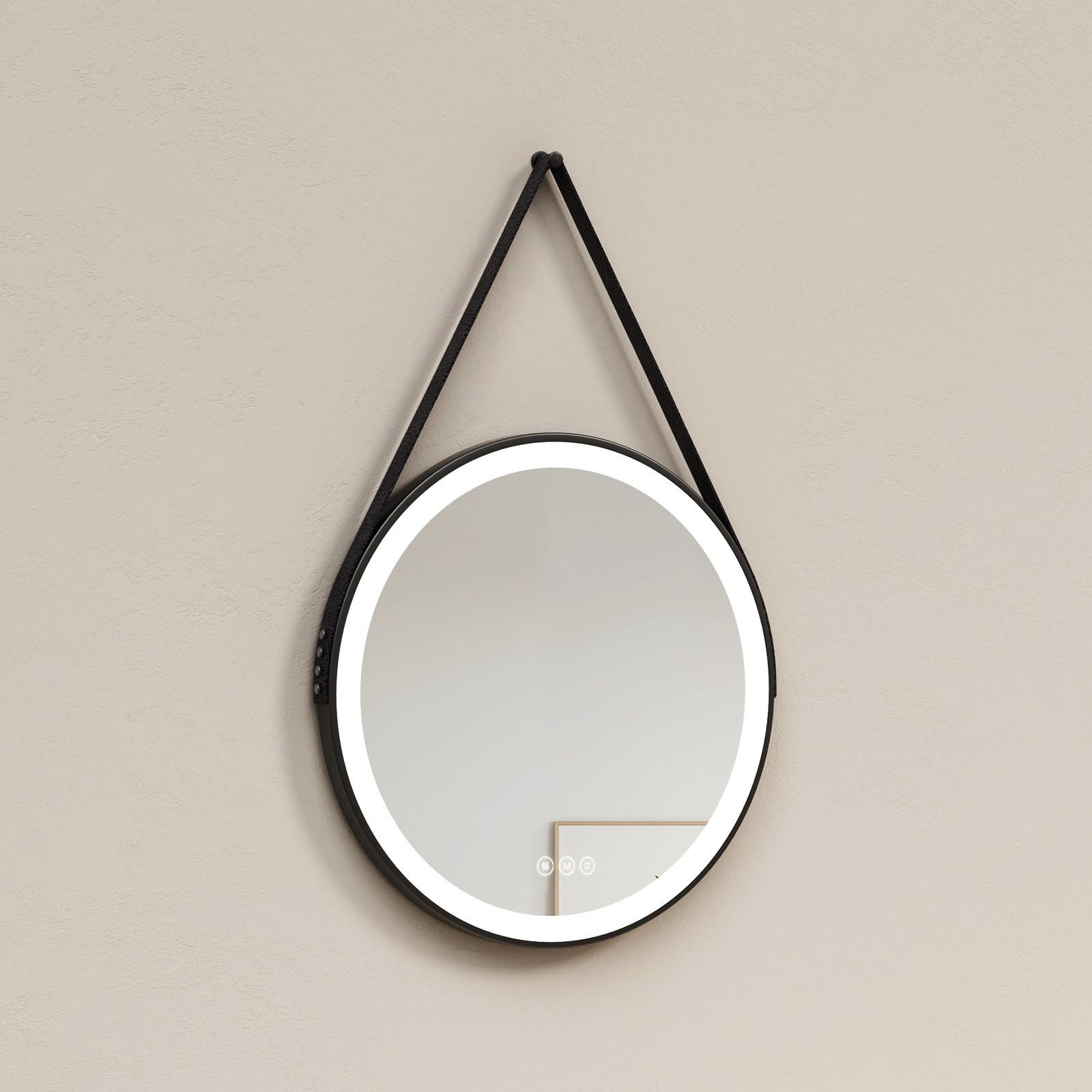 BADSPIEGEL mit Touch-Schalter Beleuchtung mit Hängeriemen Schwarz Ø 60 cm - Schwarz, Glas (60/60/3.5cm) - EMKE