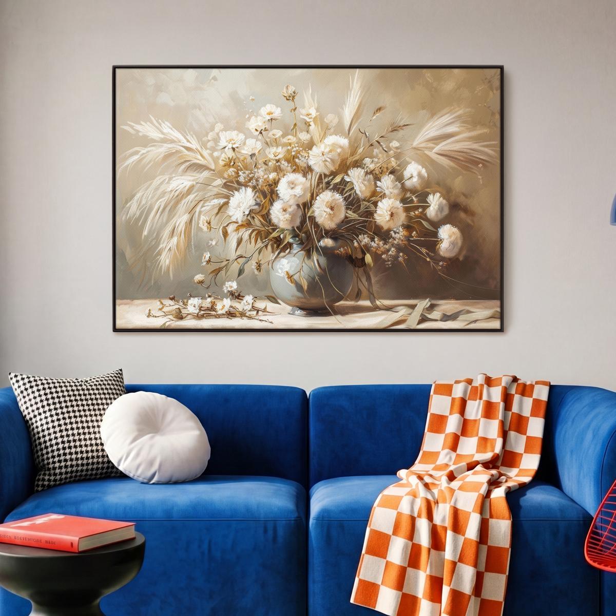 LEINWAND Bilder mit Rahmen - Blumen - Vase - Stilleben - Beige - 90x60 - Creme, Textil (90/60cm) - MuchoWow
