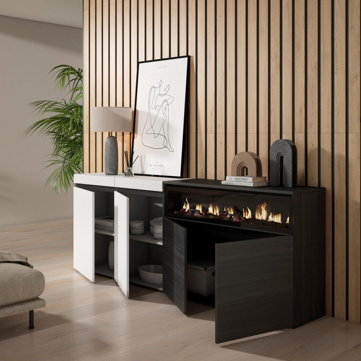 SIDEBOARD Elektrokamin, weiß und schwarz, 200/35/75cm - Multicolor/Schwarz, Holzwerkstoff (200/75/35cm) - Skraut Home