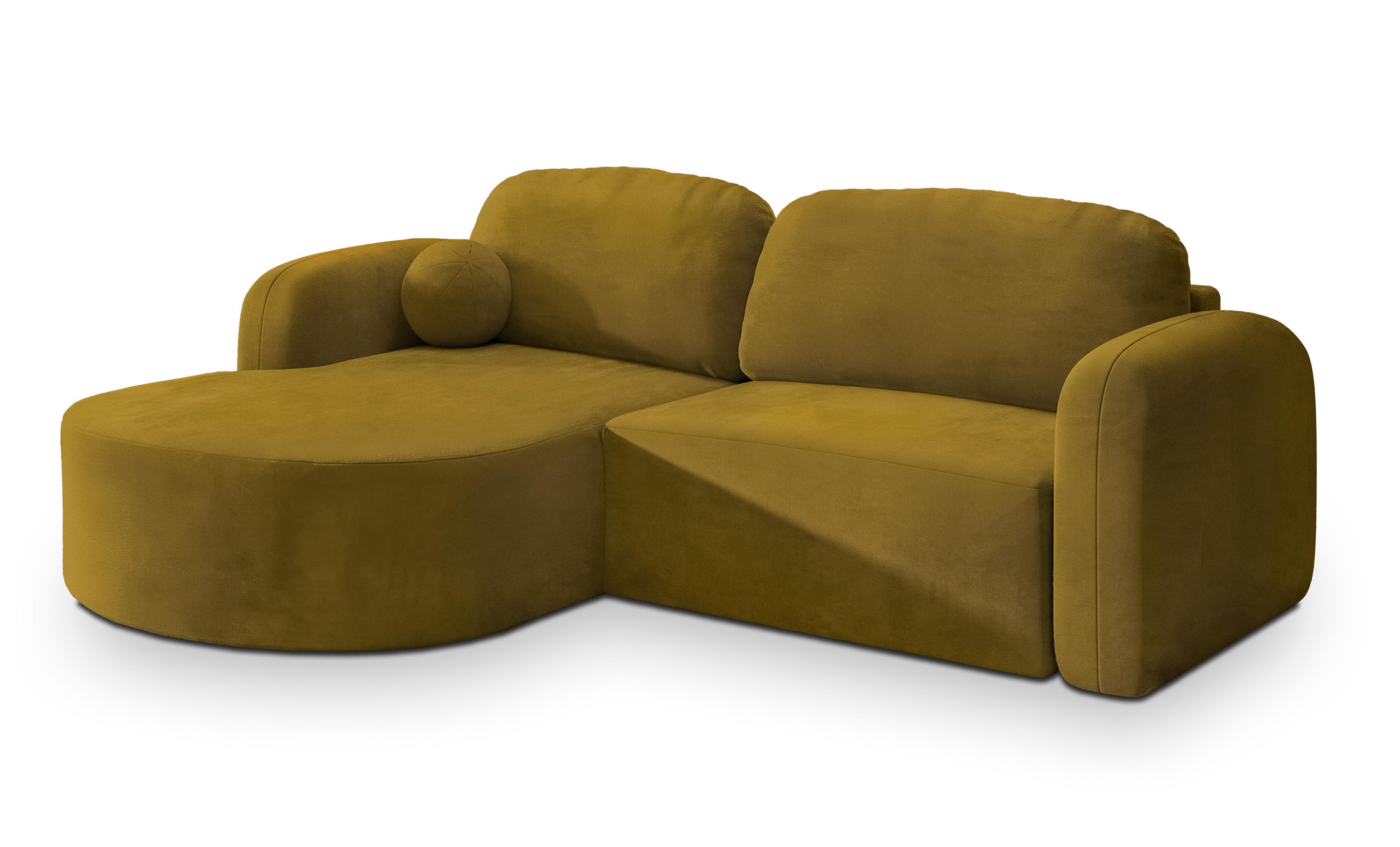 ECKSOFA AMILIA M L-S Gelb Velours-Stoff mit Schlaffunktion - Gelb, Holz (263/174cm) - MASSENO