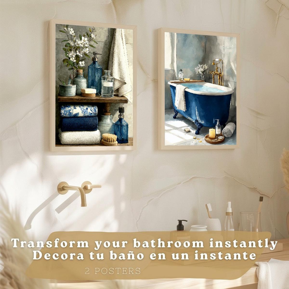 POSTER 2er-Set dekorative Badezimmer-Poster, moderne Wandbilder für Waschbecken, elegante Dekoration mit blauer Badewanne und Accessoires Rahmenlos A3 - Klar, Papier (42/29.7/3cm) - Nacnic