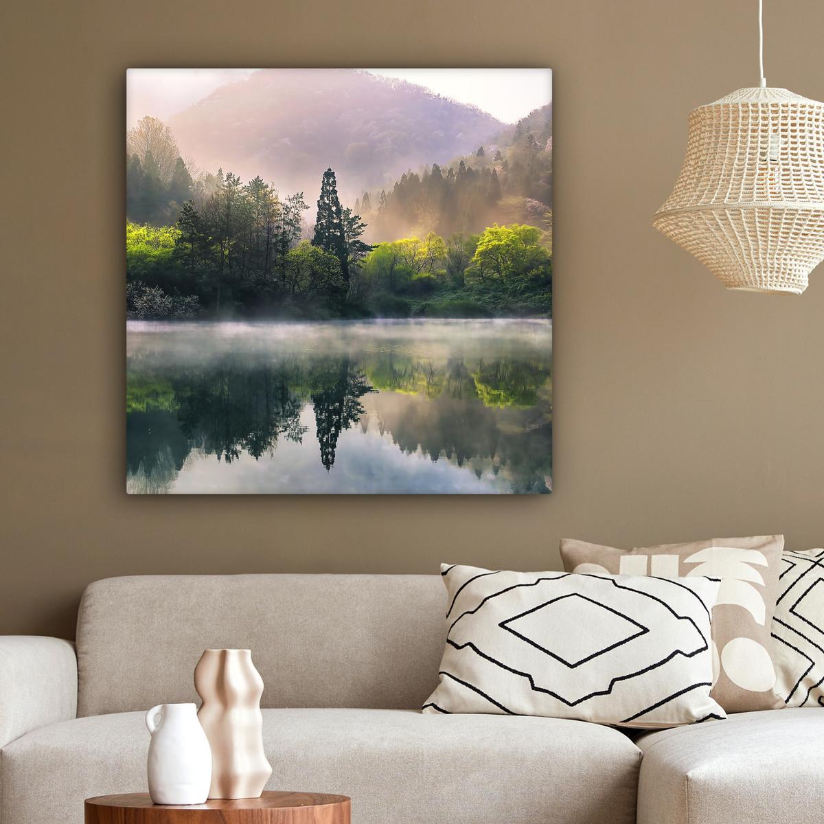 LEINWANDBILD Natur - Bäume - Berge - See - Wasser Deko Groß 90x90 cm - Hellgrün, Textil (90/90cm) - MuchoWow